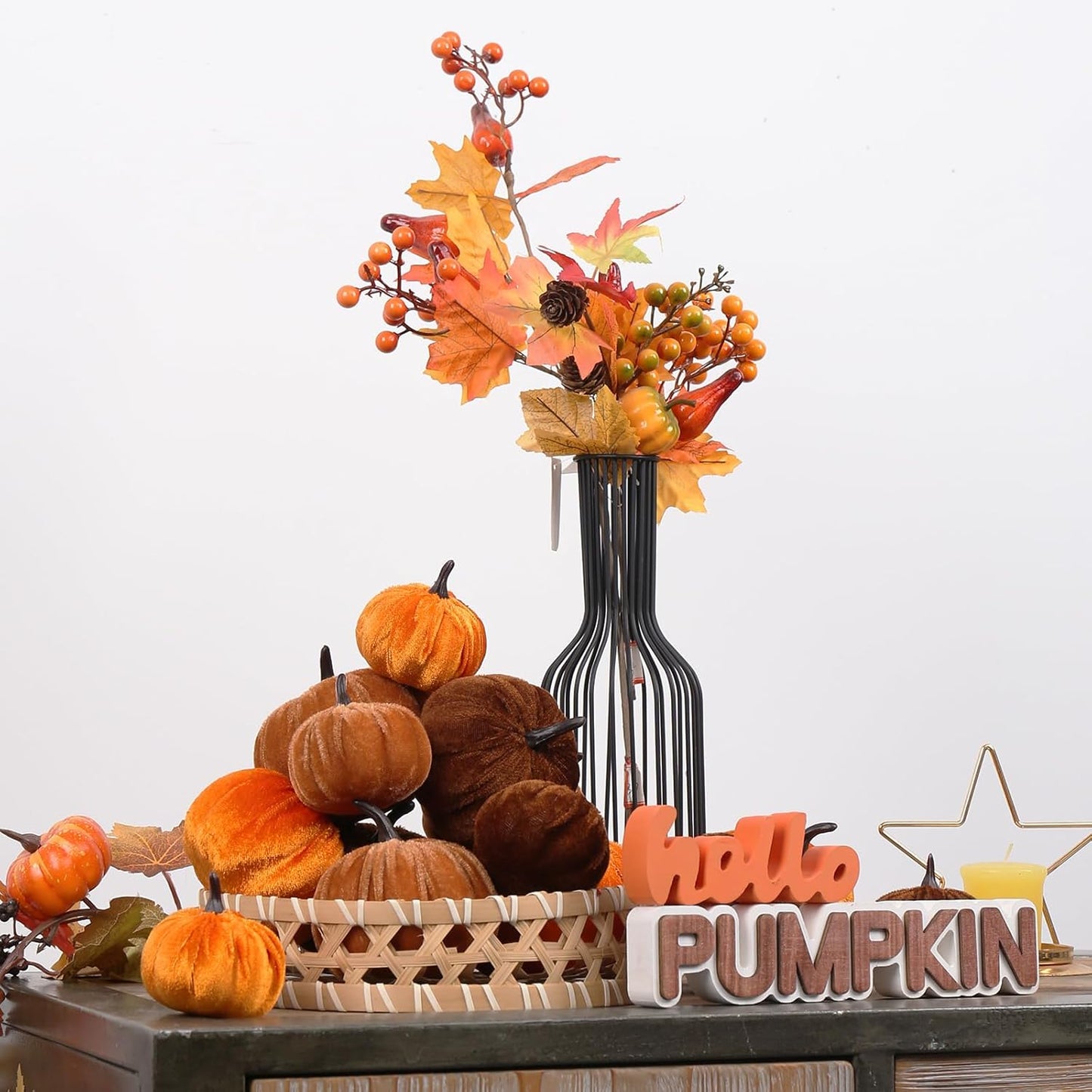 17 Pack Fall Artificial Velvet Pumpkins Decorations, Foam Faux Flocked Pumpkin Including Wooden Hello Pumpkins Sign, for Home Autumn Harvest Theme Party Halloween Thanksgiving Table Decor.