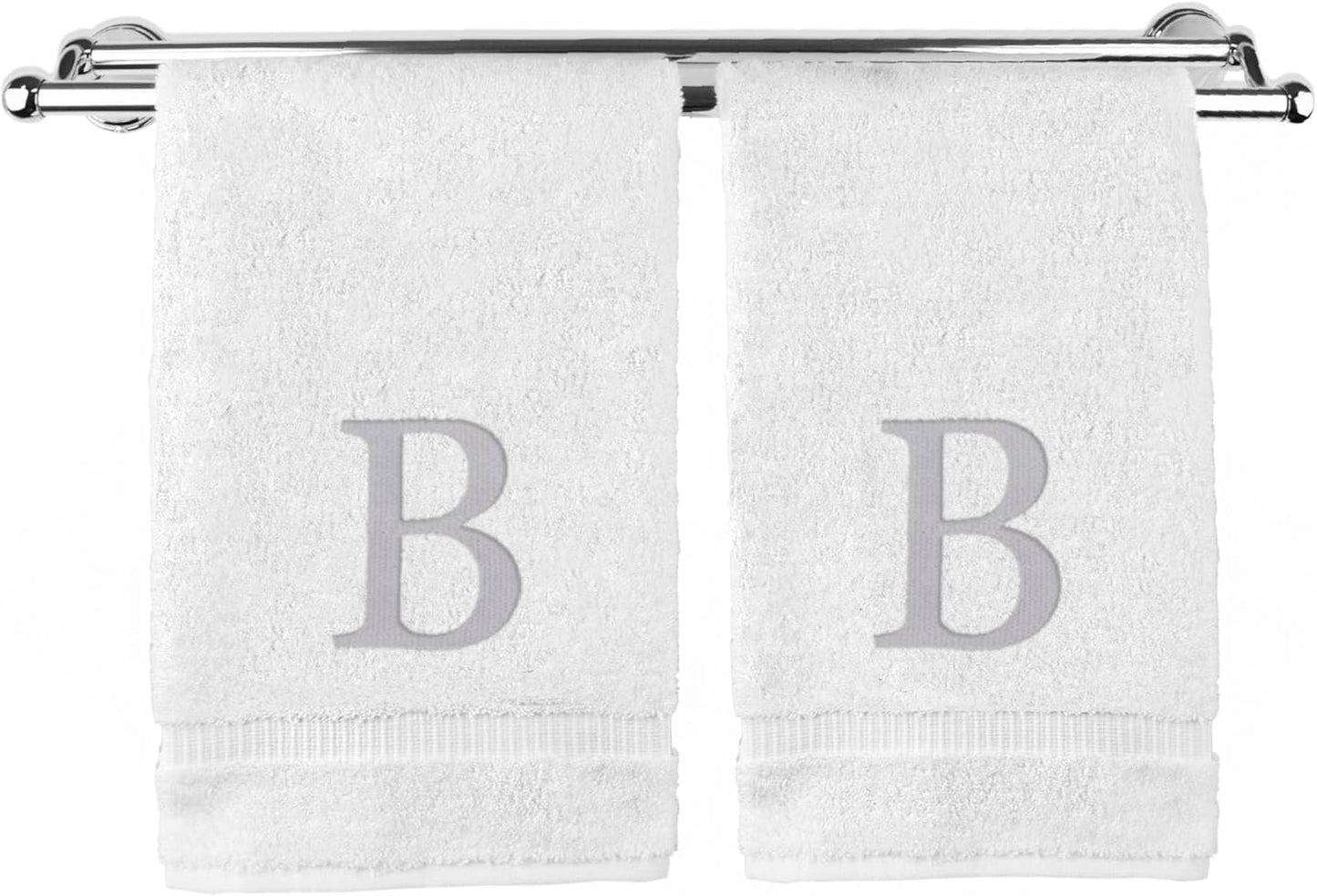 Monogrammed Hand Towel, Personalized Gift, Set of 2- Silver Block Letter Embroidered Towel - Extra Absorbent 100% Turkish Cotton - Soft Terry Finish - Initial B White
