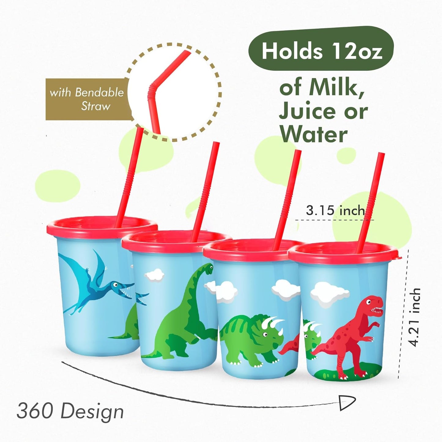 Dinosaur Cups for Kids with Straw and Lid, Set of 12 - Party Dino Cups - Perfect Boy or Girl Dinosaur Birthday Decorations