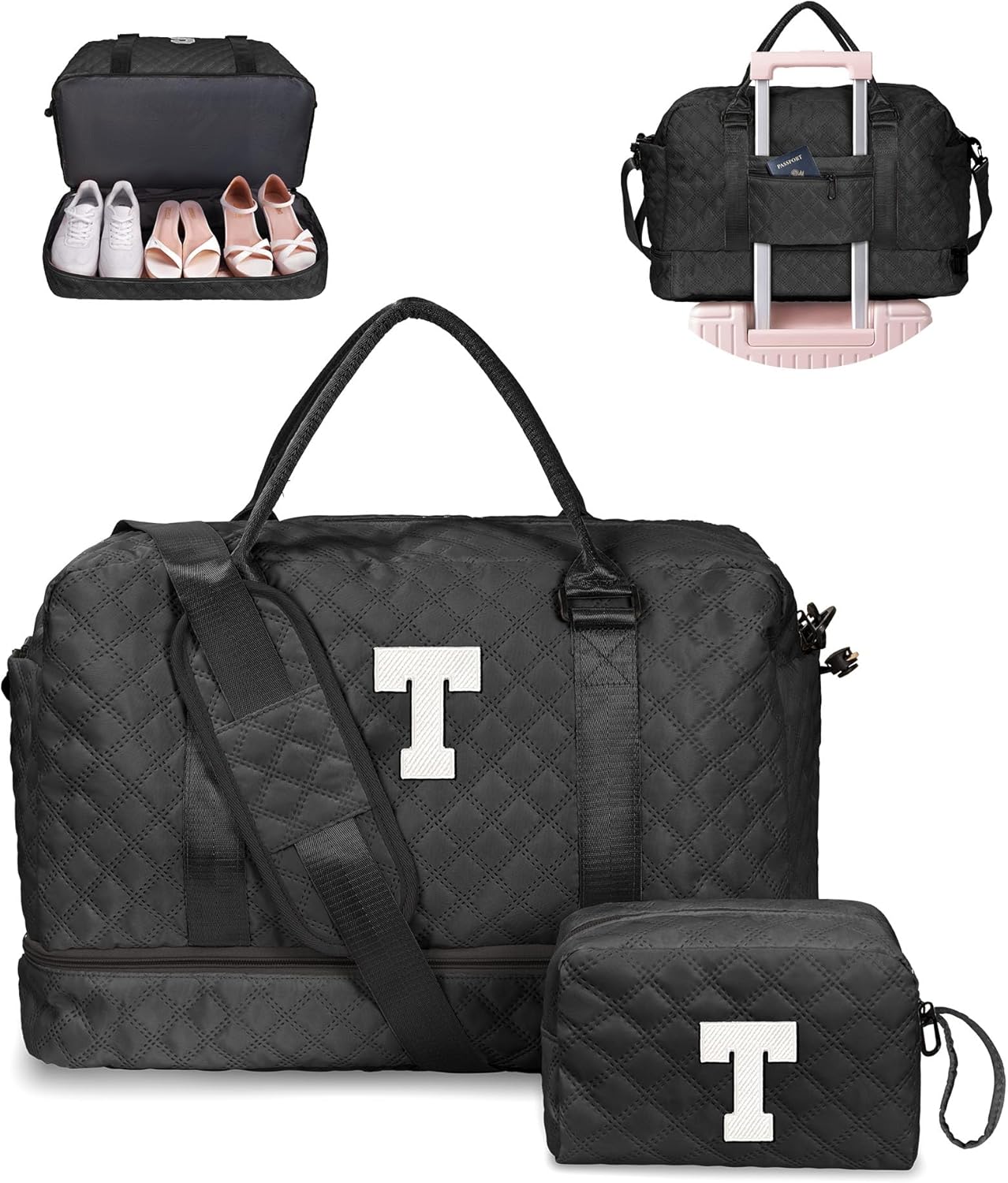 Granddaughter Gifts-Initial Duffle Bag with Shoe Compartment, Personalized Weekender Bag, Overnight Bag, Letter Travel Bag with Makeup Bag,Birthday Gift Graduation Gifts for Her (Letter T)
