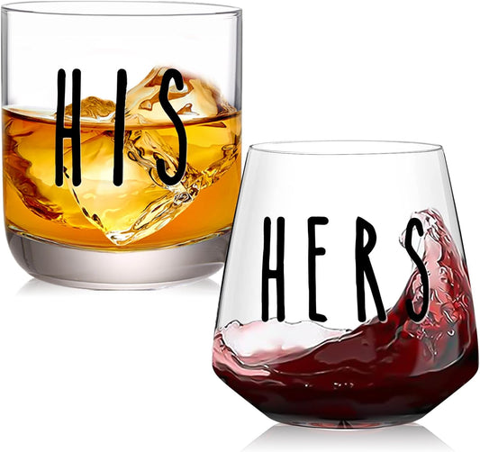 His and Hers Drinking Glasses Set Of 2, Wedding Gifts for Couples, Bridal Shower Gifts, Mr and Mrs Gift, Anniversary, Engagement Couple Drinking Glass for Him Her