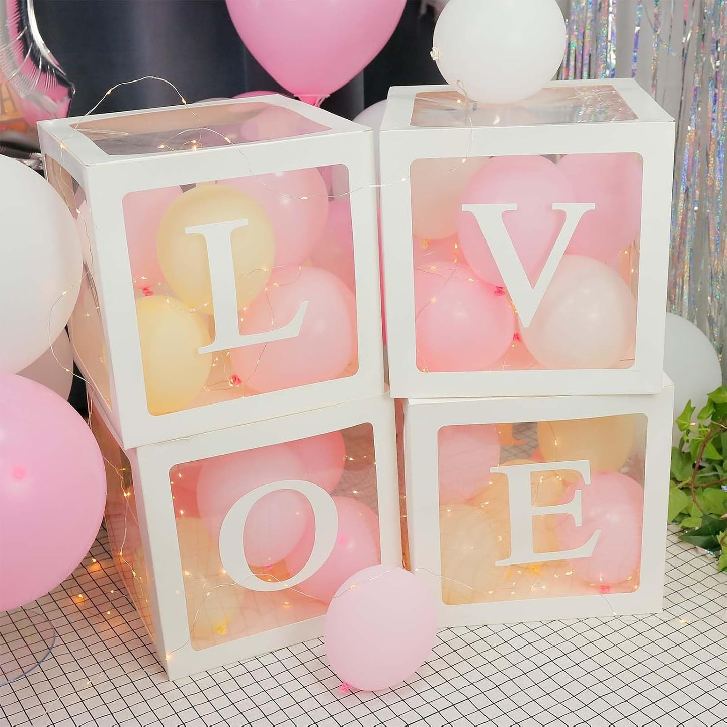 Ledido Baby Boxes with Letters for Baby Shower Decorations, 4 Pcs Transparent Balloon Boxes Blocks with Fairy String Lights, Clear Balloon Boxes for Boy Girl Gender Reveal Party Backdrop (White)