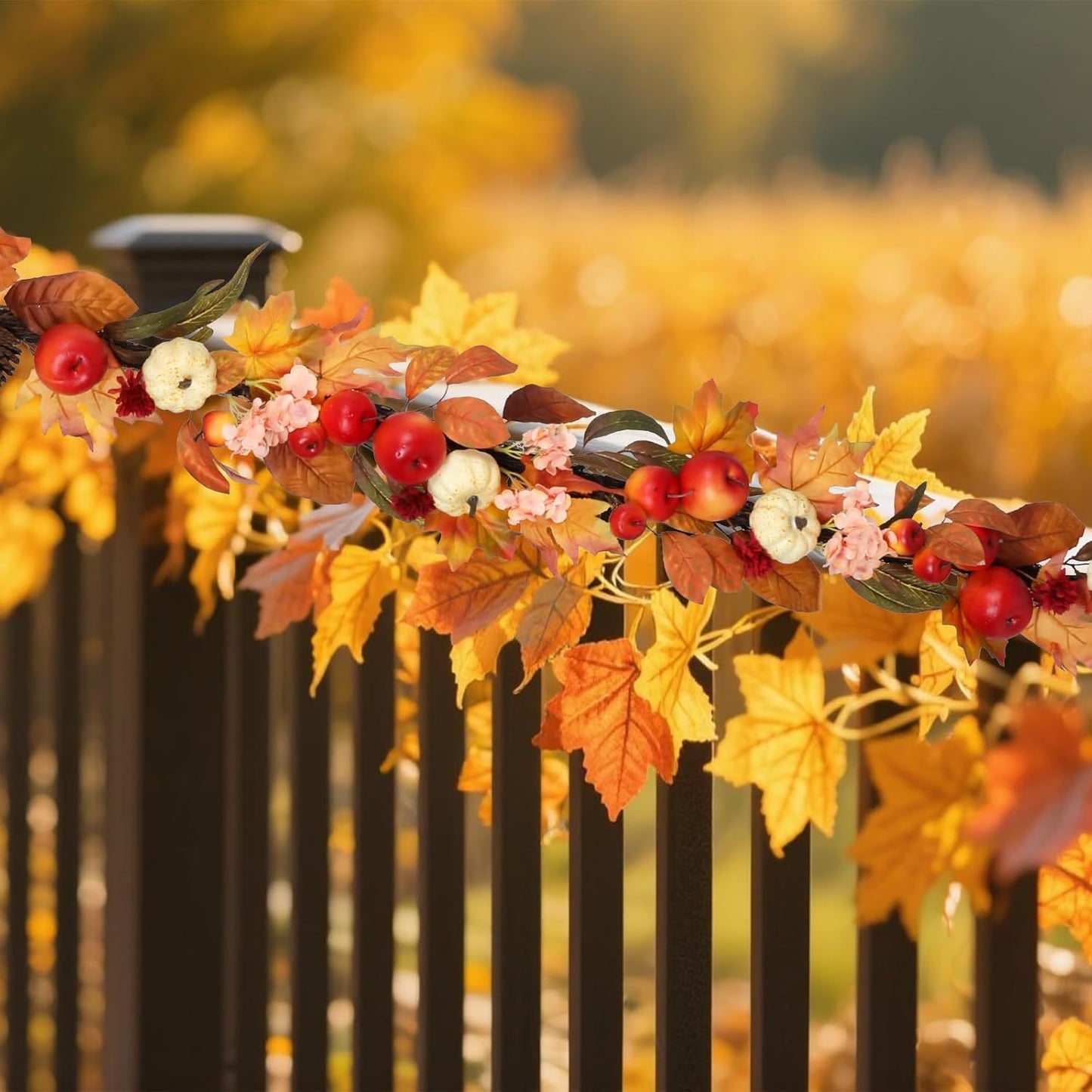 Fall Garland with Pumpkins, Artificial Maple Leaves, Pinecones, Apples & Flowers – 5.6ft Autumn Harvest Garland for Fireplace Mantel, Doorway, Table, Thanksgiving Decor (1 Pack)