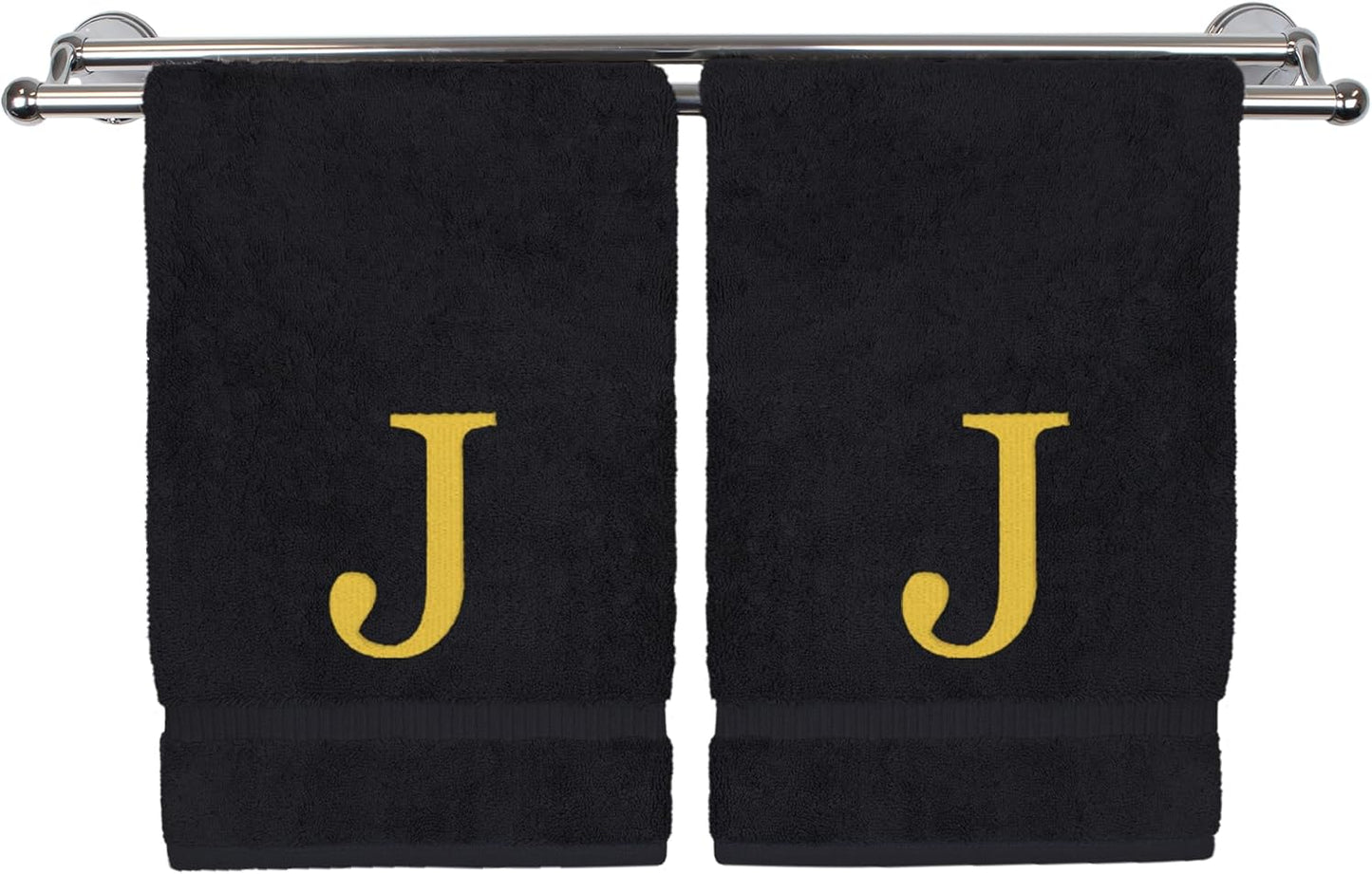 Monogrammed Hand Towel, Personalized Gift, Set of 2- Gold Block Letter Embroidered Towel - Extra Absorbent 100% Turkish Cotton - Soft Terry Finish - Initial J Black