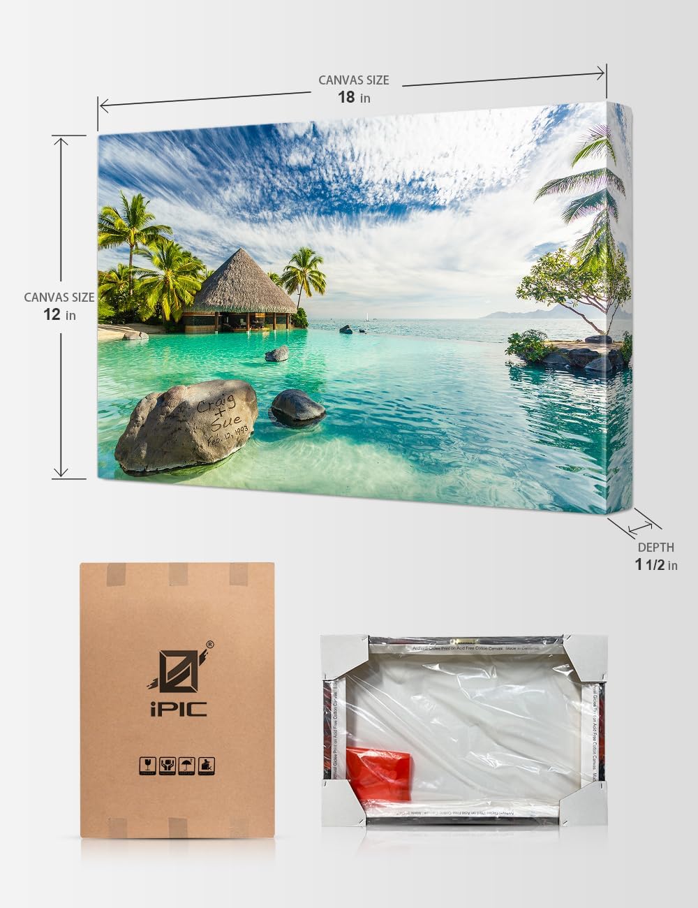 IPIC - "Tropical Memories Personalized Canvas Wall Art, Custom Beach Canvas Print with Name and Date on Rock, A Personalized Gift for Couple, Wedding, or Anniversary, Coastal Home Decor