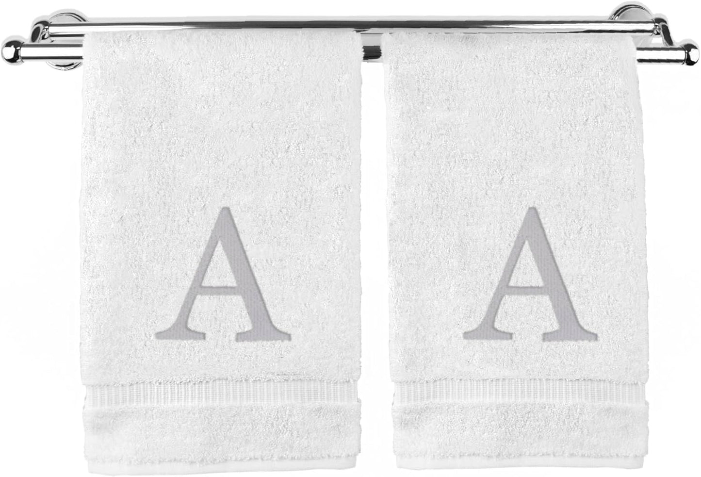 Monogrammed Hand Towel, Personalized Gift, Set of 2- Silver Block Letter Embroidered Towel - Extra Absorbent 100% Turkish Cotton - Soft Terry Finish - Initial A White