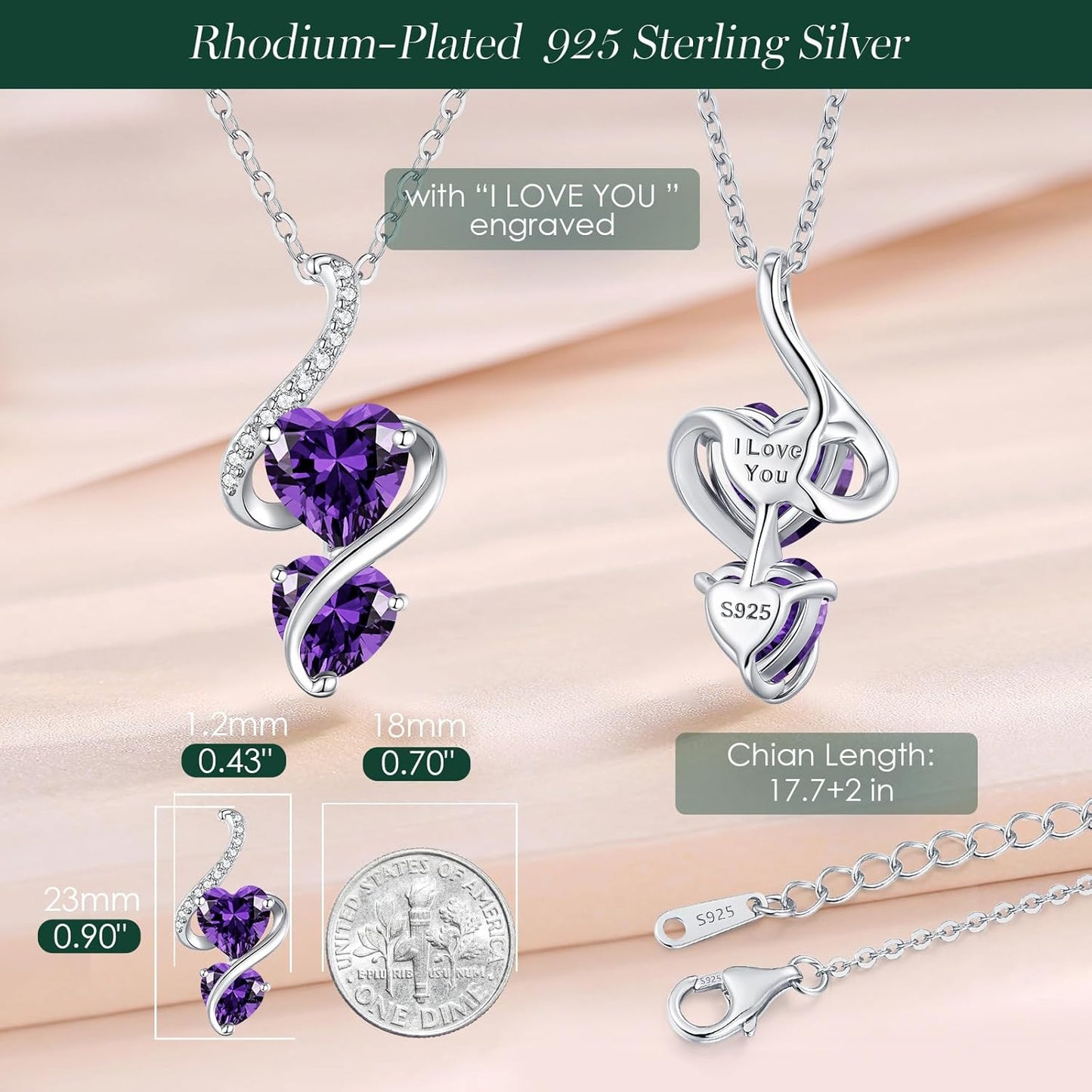 LOUISA SECRET Unique Double Heart Necklace Gifts for Wife Women, 925 Sterling Silver Tiny Birthstone Pendant Jewelry Gift for Her Girlfriend Mom Valentine's Day Anniversary Mother's Day Birthdays & Christmas