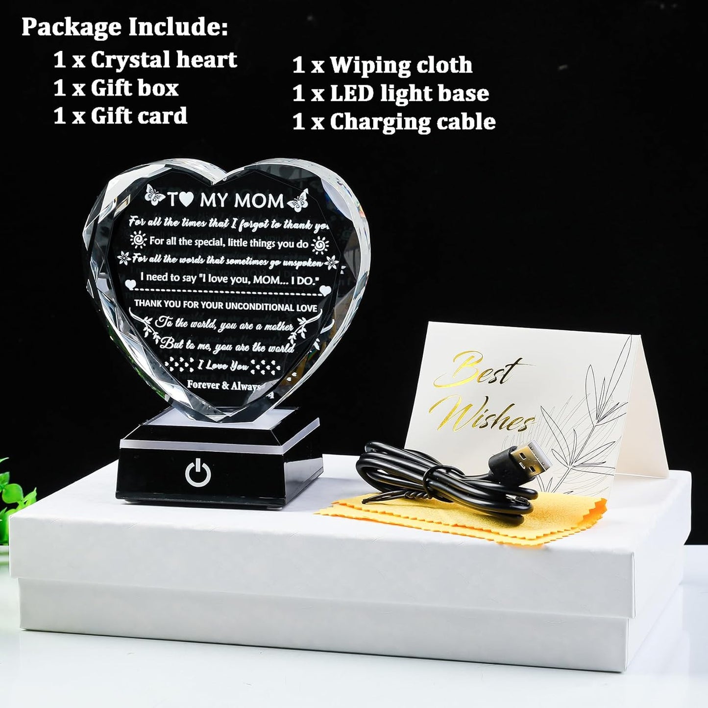 YWHL Gifts for Mom from Daughter Son, Birthday Gifts for Mom Who has Everything, To My Mom Gifts for Mother's Day Crystal Heart Keepsake with LED Base, Present for Mother on Christmas Valentine