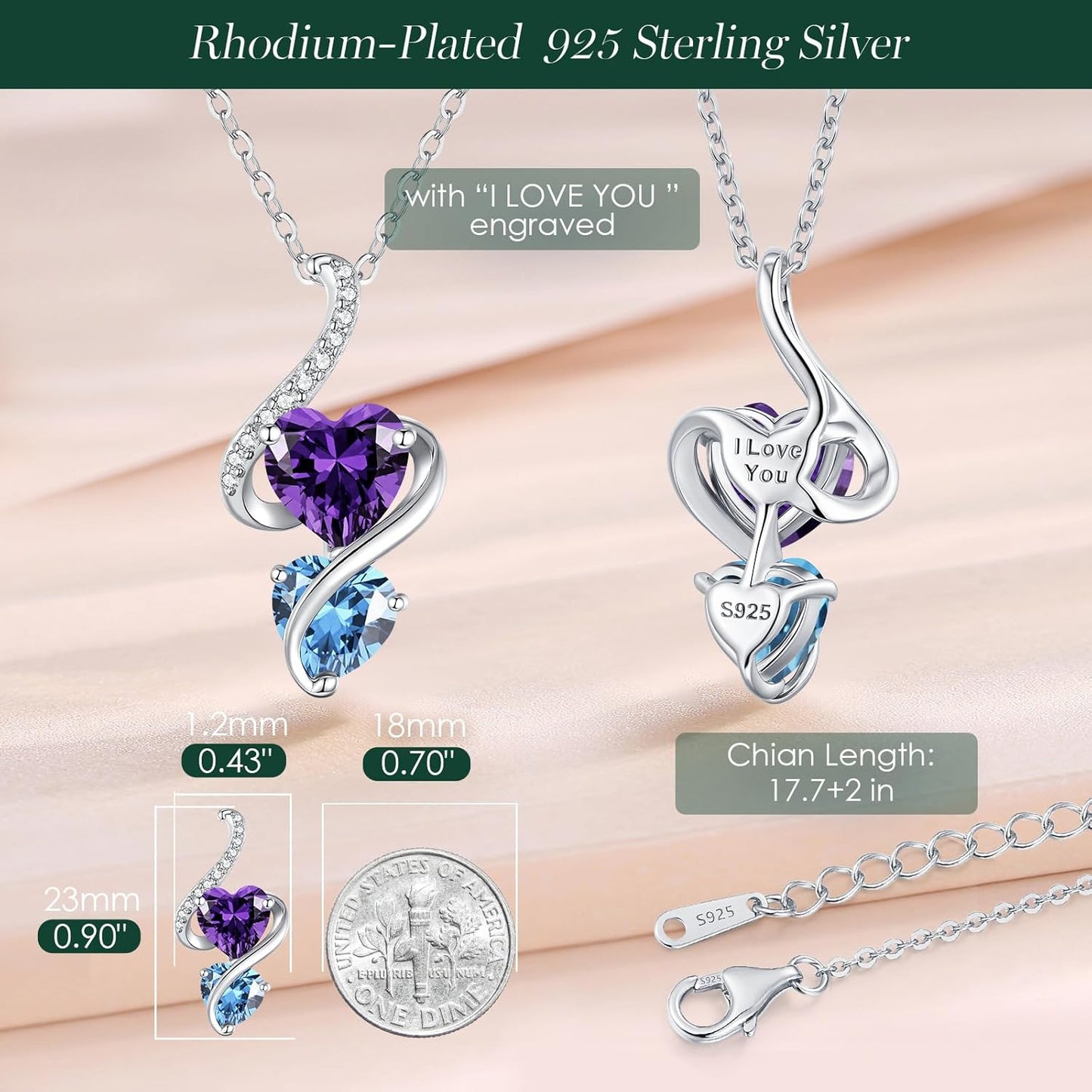 LOUISA SECRET Unique Double Heart Necklace Gifts for Wife Women, 925 Sterling Silver Tiny Birthstone Pendant Jewelry Gift for Her Girlfriend Mom Valentine's Day Anniversary Mother's Day Birthdays & Christmas