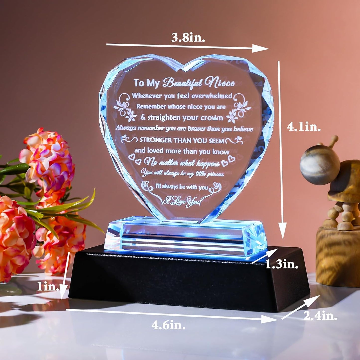 YWHL Niece Gifts from Auntie Uncle Inspirational Birthday Graduation Gifts for Niece Crystal heart keepsake with Light Base to My Niece Gifts Christmas Valentine Day Mothers Day Present from Aunt