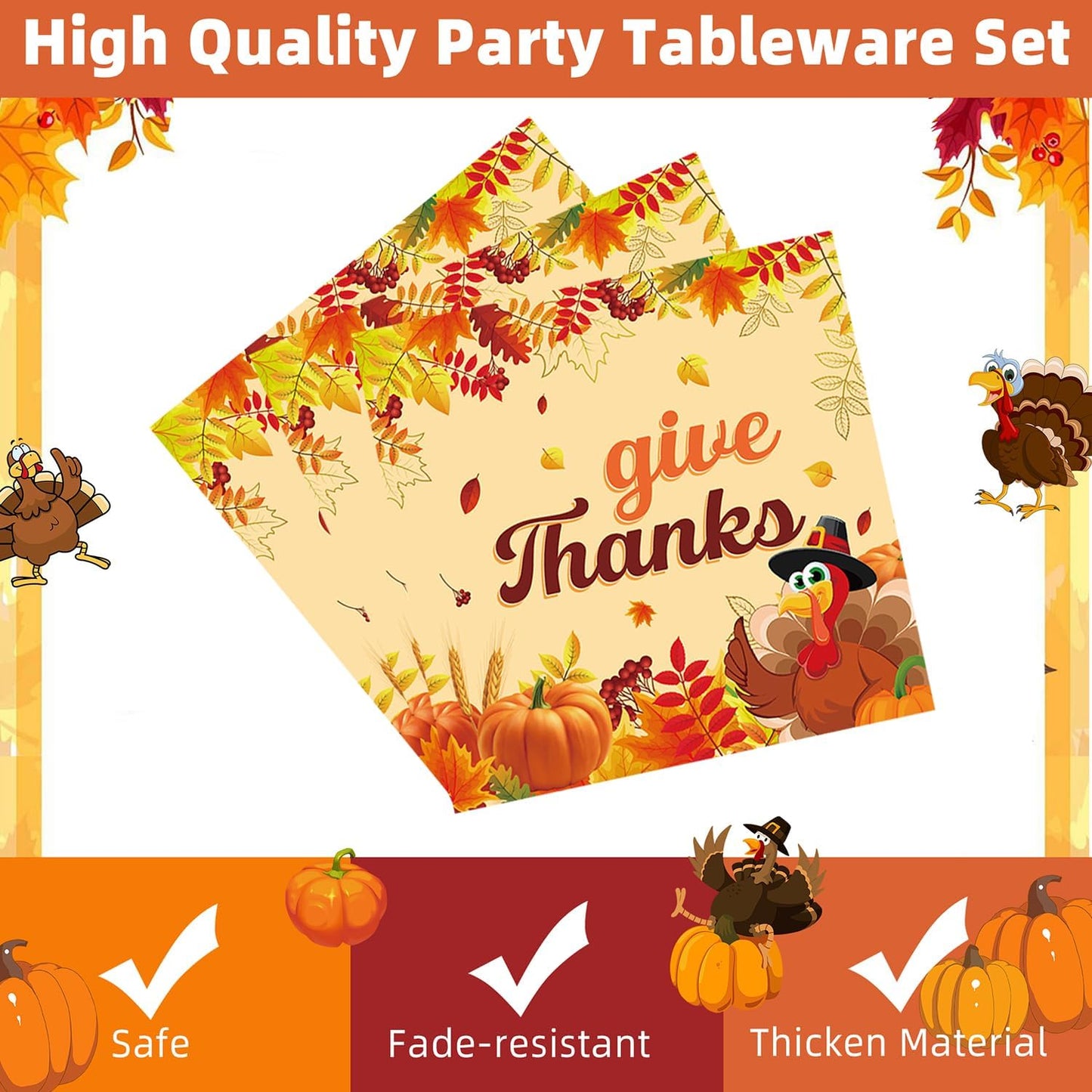 Fall Thanksgiving Party Supplies 96 Pcs Turkey Paper Plates, Napkins, Forks - Pumpkin Autumn Disposable Tableware Set for Harvest Party Decorations