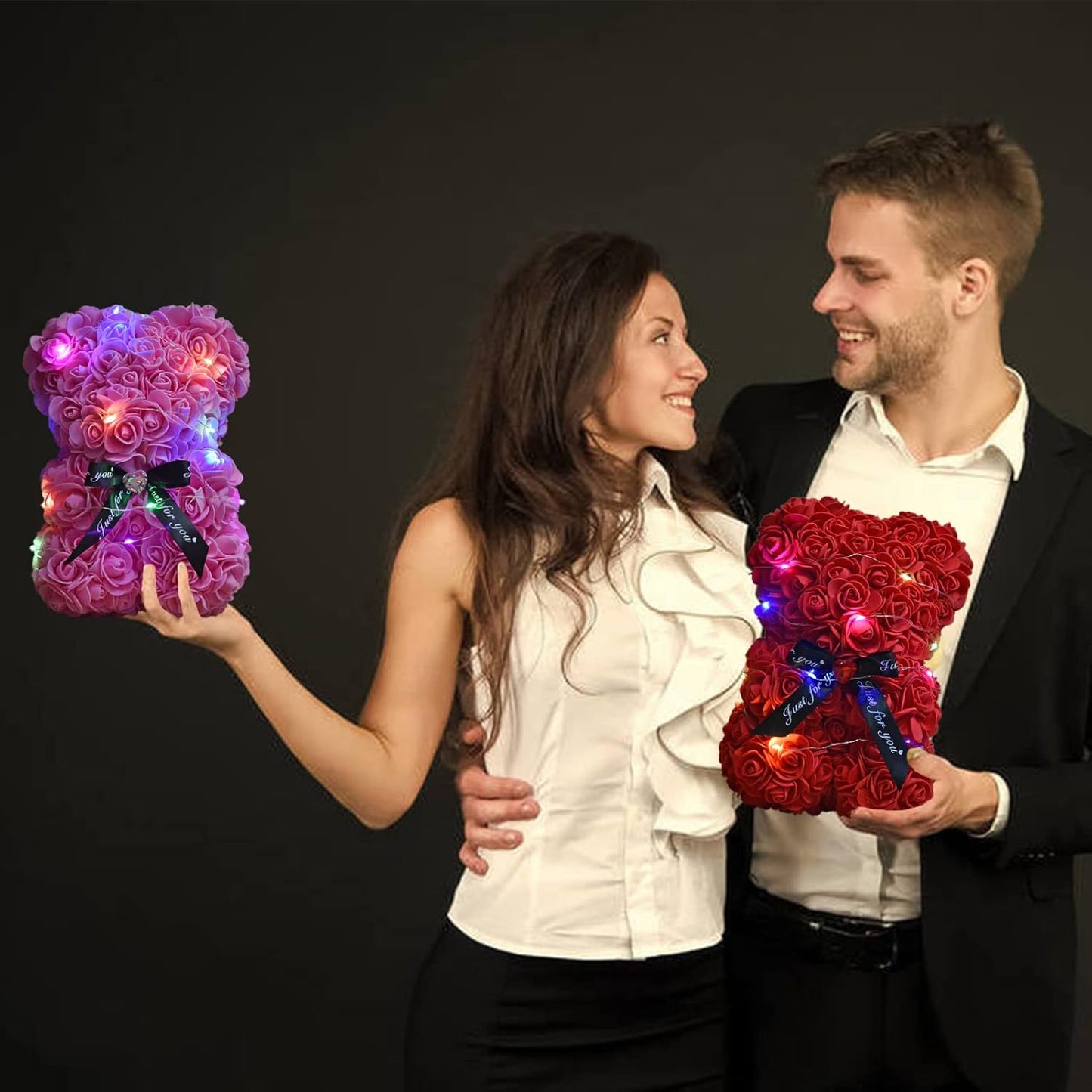 Artificial Rose Flower Bear,Perfect Romantic Gift for Her, Valentine's Mother's Day, Christmas, Birthday,Thanksgiving Party Anniversary Girl Friend Wife with Heart-Shaped Diamond,Pink.