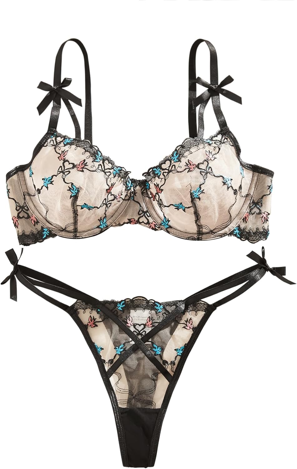 Lilosy Sexy Underwire Cute Push Up Strappy Embroidered Mesh Sheer Lingerie Set See Through Panty Bra