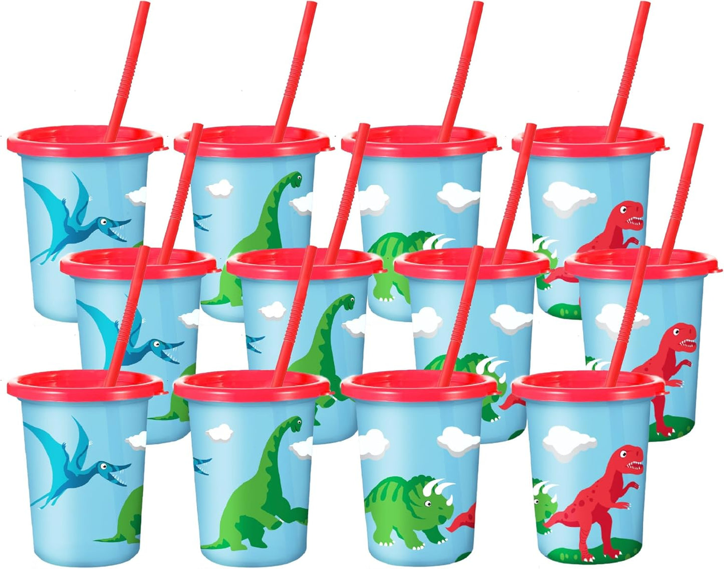 Dinosaur Cups for Kids with Straw and Lid, Set of 12 - Party Dino Cups - Perfect Boy or Girl Dinosaur Birthday Decorations