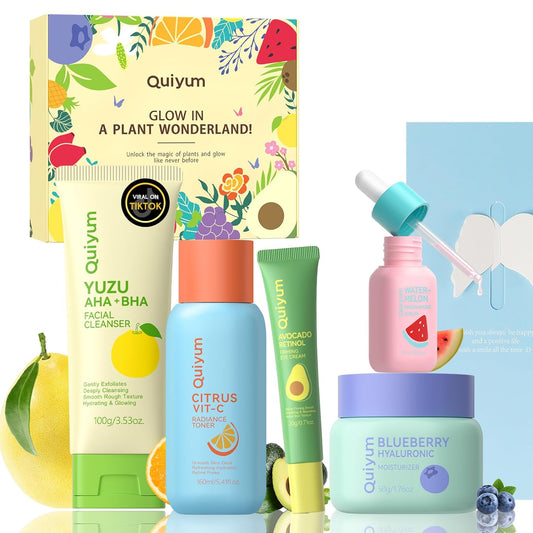Fruit Skin Care Set, 5 Daily Routine Beauty Skin Care for Teens 10-12 - Gift Sets with Cleanser, Vit-C Toner, Eye Cream, Cream, Serum, Facial Care Set for Women, Mothers, Girls,Travel Sets