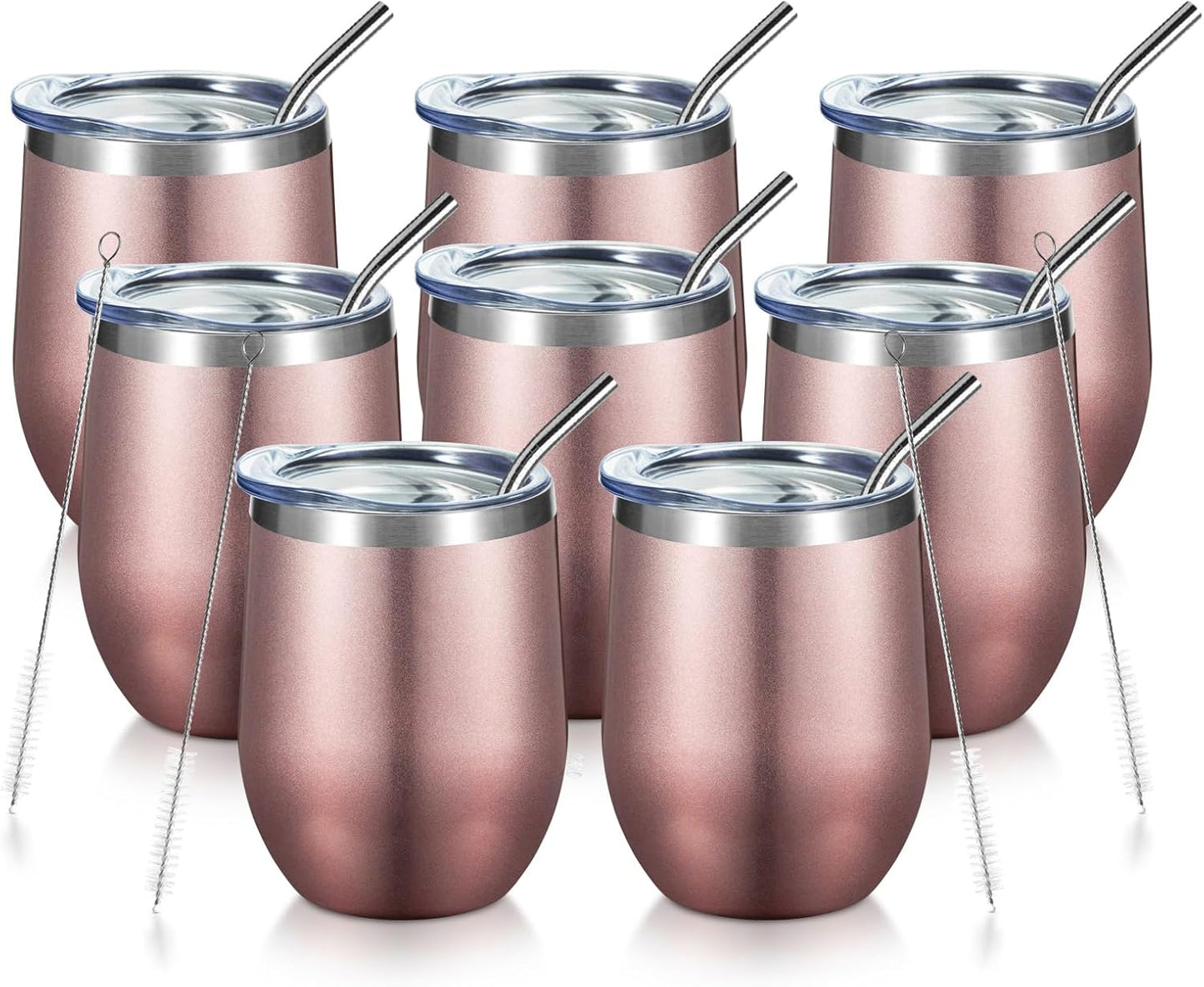 COMOOO Rose Gold Stainless Steel Wine Tumbler Bulk with Lid and Straw 12oz Double Wall Vacuum Insulated Tumbler Cup Stemless for Hot and Cold Drinks, Coffee, Wine, Cocktails Rose gold, 8 Pack