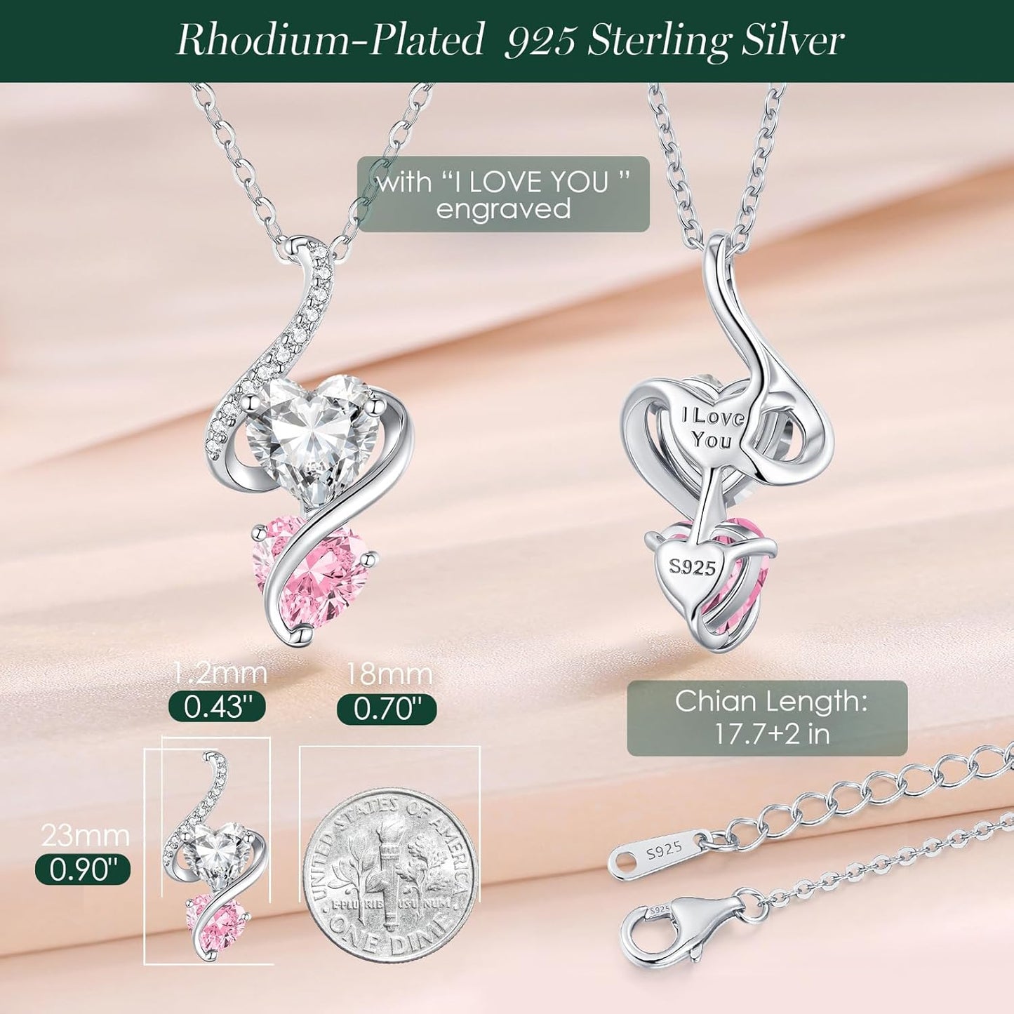LOUISA SECRET Unique Double Heart Necklace Gifts for Wife Women, 925 Sterling Silver Tiny Birthstone Pendant Jewelry Gift for Her Girlfriend Mom Valentine's Day Anniversary Mother's Day Birthdays & Christmas