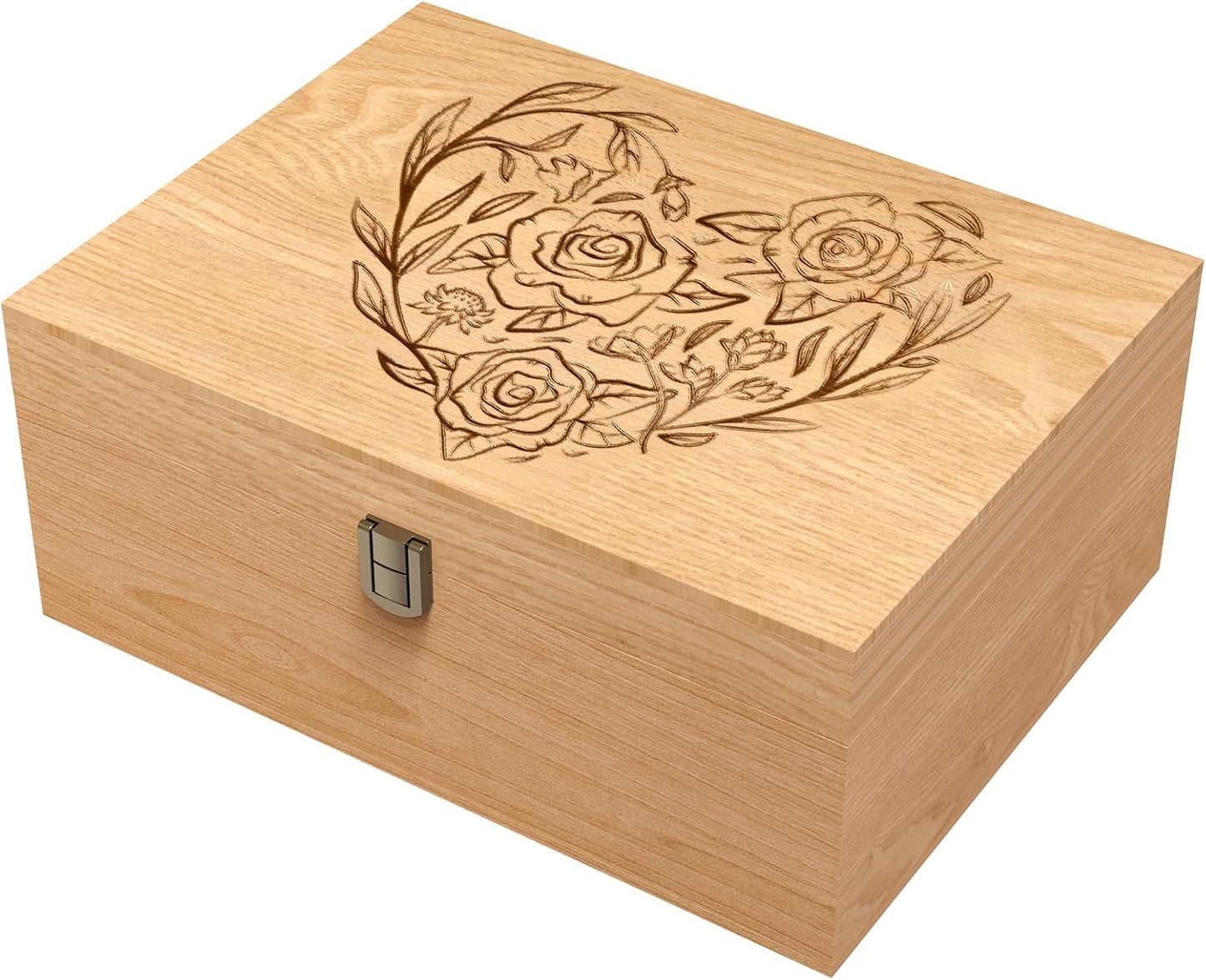 EXISTING Wooden Memory Keepsake Box, Floral Heart Engraved Keepsake Boxes with Lock, Art Box for Anniversary, Wedding, Memory, Birthday, Valentines Day for Keepsakes, Wood Box for Office or Home