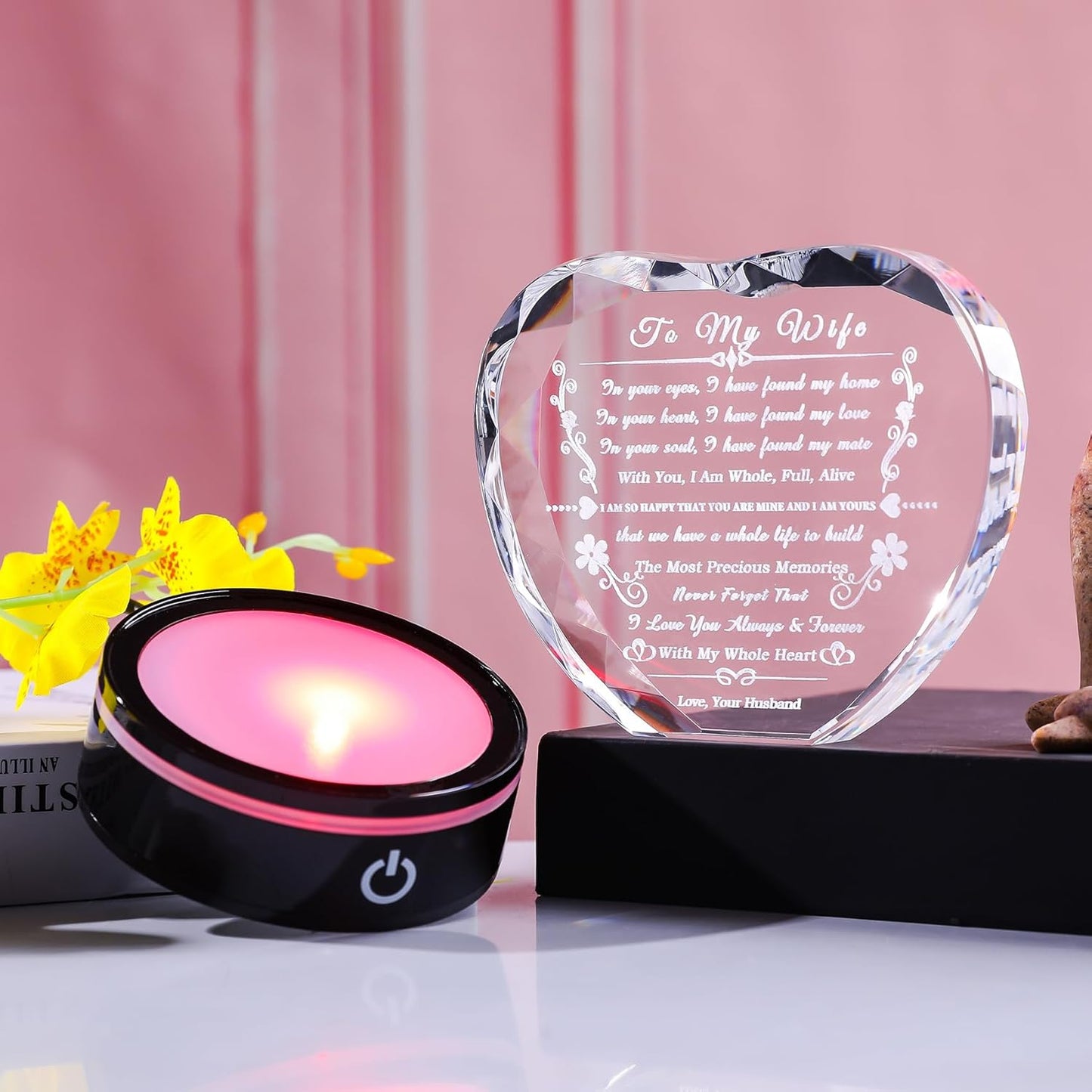Wife Gifts with Colorful LED Base, Anniversary Birthday Gift Ideas for Wife, Romantic to My Wife Heart Crystal Gifts for Wife from Husband on Valentine's Day Christmas Mother's Day, Clear