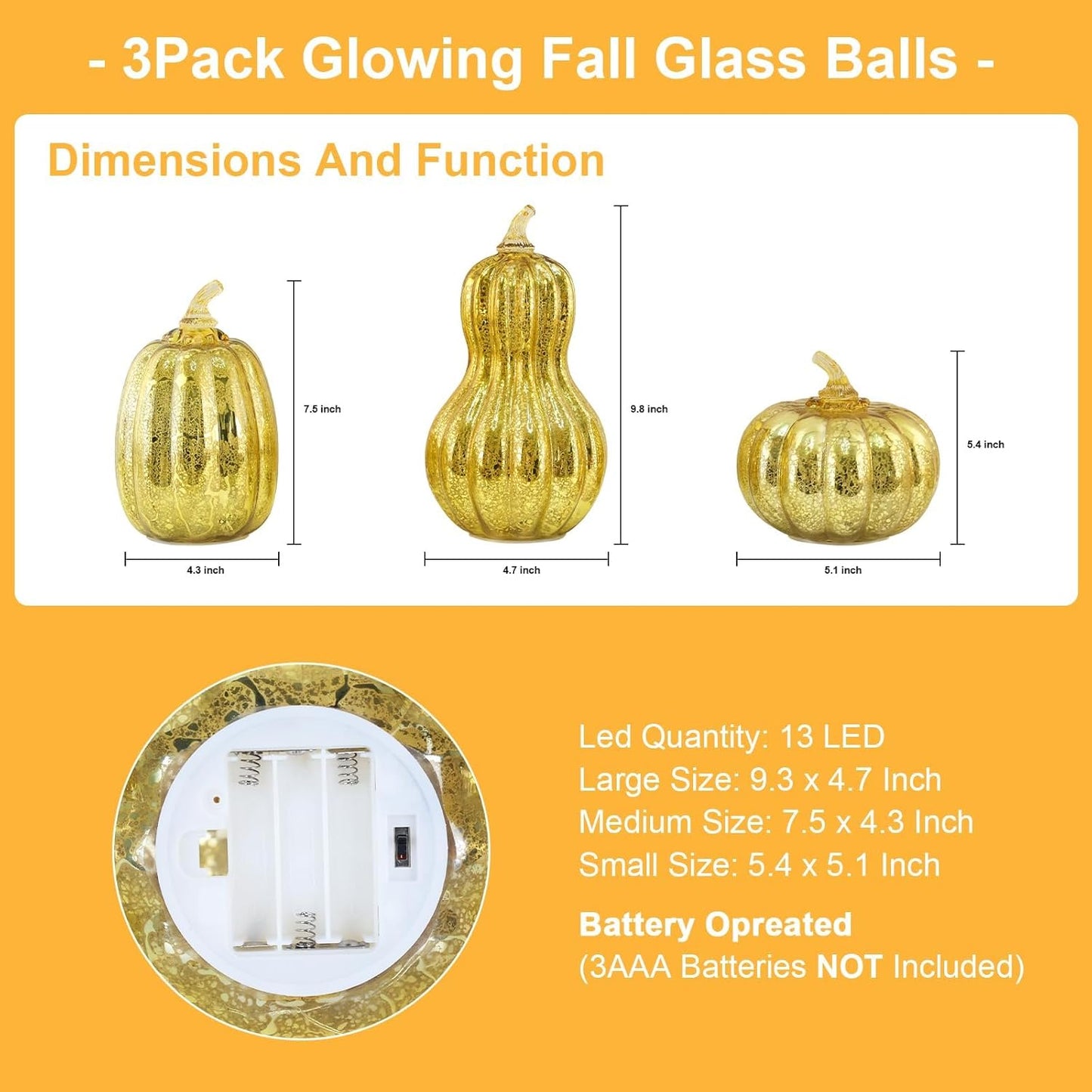 NEEDOMO Lighted Glass Pumpkin Decor, Set of 3 Gold Mercury Glass Pumpkins with Lights and Timer for Fall Thanksgiving Decorations, LED Collectible Figurines Fall Centerpiece for Tables Home