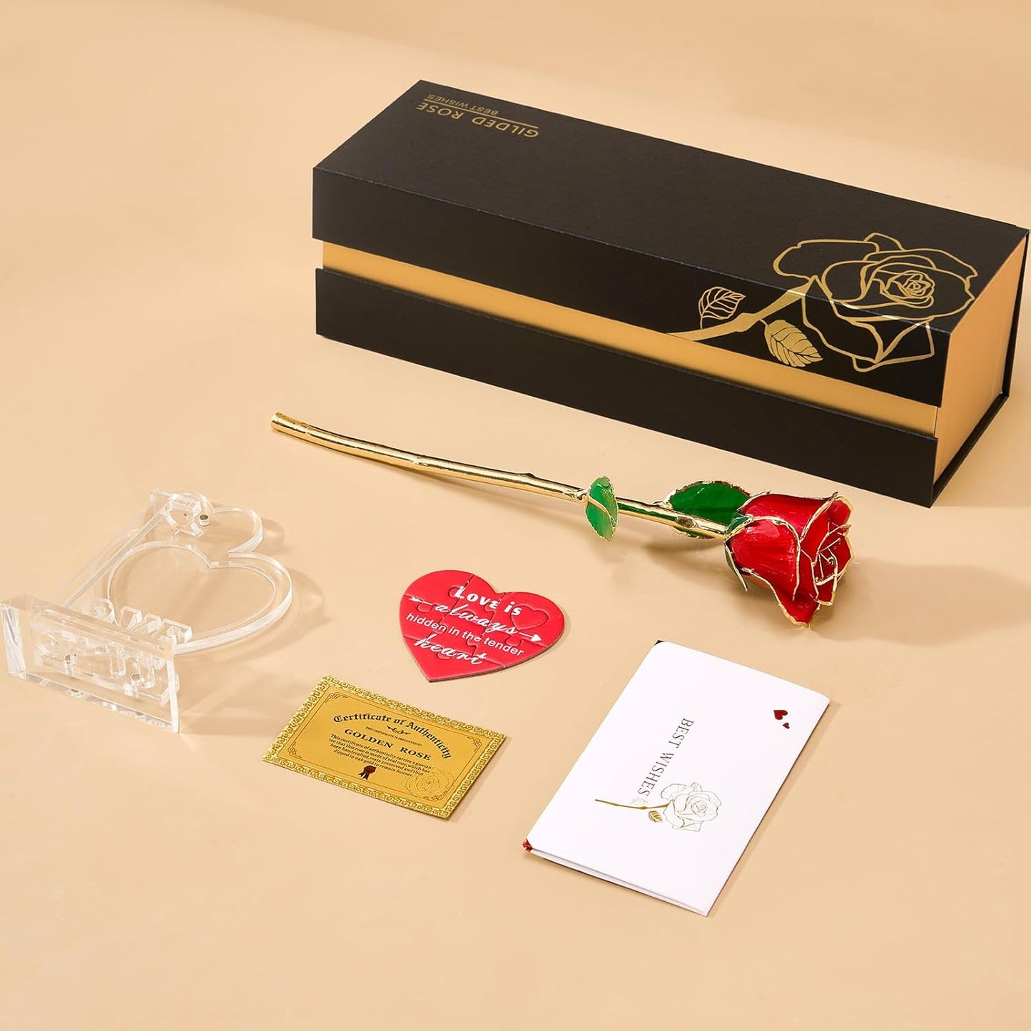 Mikasol Real 24K Gold Dipped Realistic Rose – Timeless Lifelike Bloom with Heart Puzzle Base – Romantic Red Flower Gift for Her, Wife, Girlfriend, Mom – Birthday, Anniversary, Mother’s Day (Red)