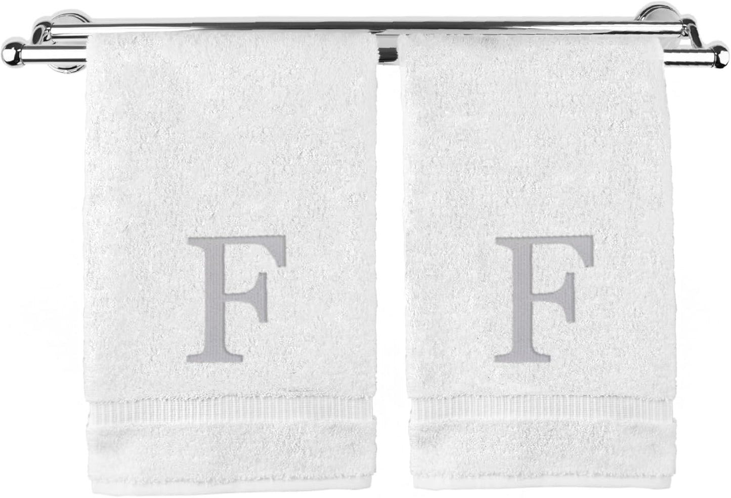 Monogrammed Hand Towel, Personalized Gift, Set of 2- Silver Block Letter Embroidered Towel - Extra Absorbent 100% Turkish Cotton - Soft Terry Finish - Initial F White