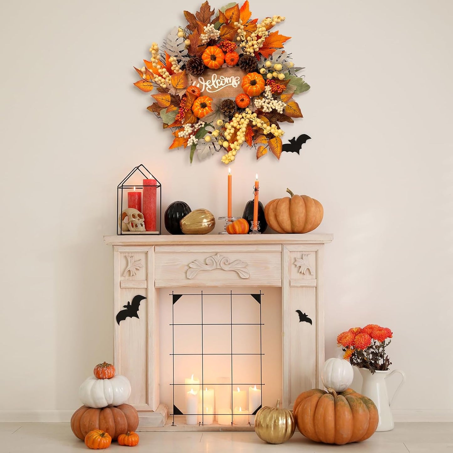 20 Inch Fall Wreaths for Front Door with Welcome Sign,Artificial Autumn Wreath with Sunflowers,Pumpkins,Berries and Leaves for Thanksgiving Harvest Farmhouse Home Decor Indoor Outdoor