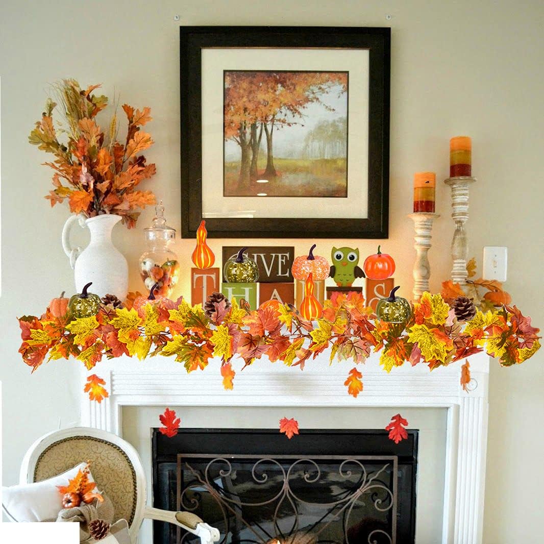 2 Pack Fall Maple Leaf Clearance, Hanging Vine Artificial Autumn Foliage Thanksgiving Decor for Home Wedding Fireplace Party Christmas (Orange)
