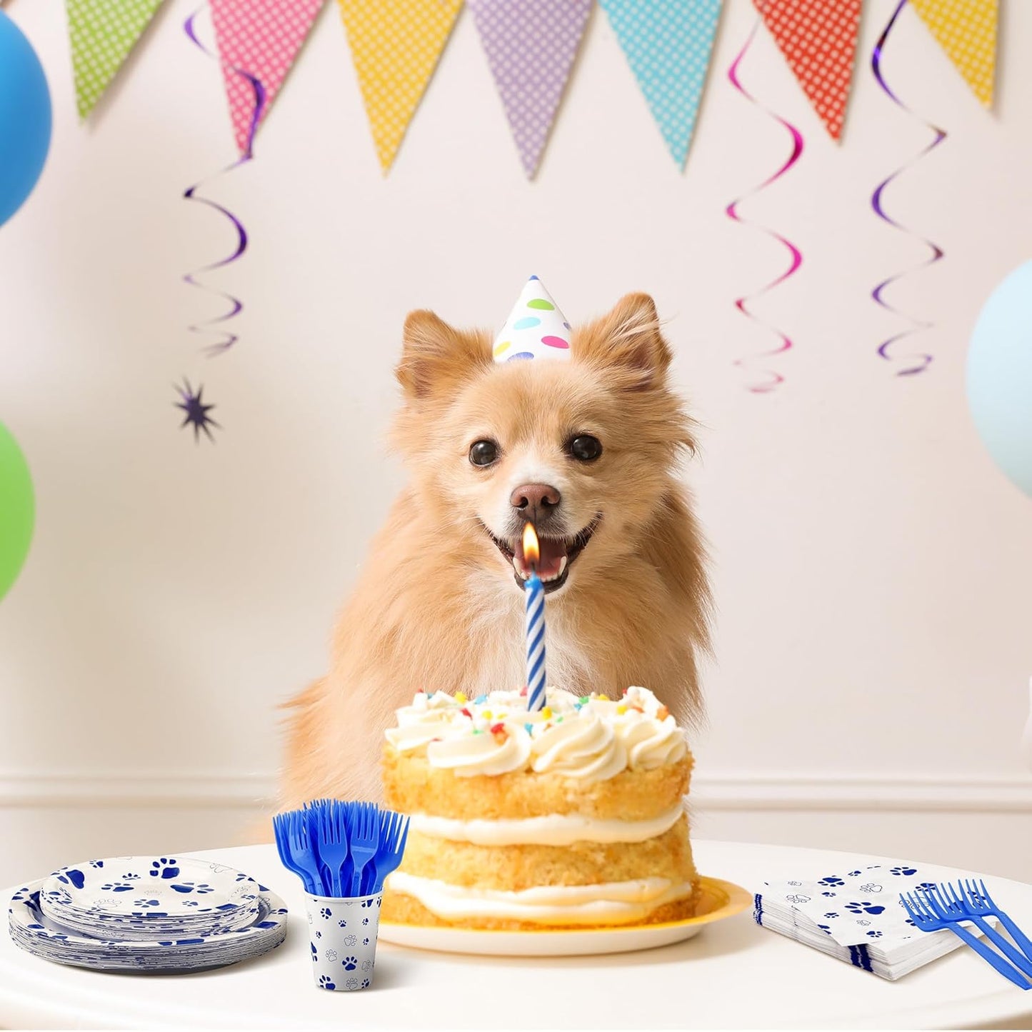 144 Pieces Blue Paw Print Party Tableware Sets Including Disposable Plates Napkins Cups Forks Serves 24 for Dog Puppy Theme Party Supplies