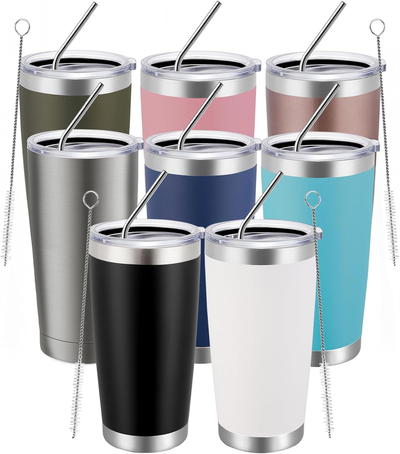 MEWAY 20oz Tumbler 8 Pack Double Wall Vacuum Insulated Travel Mug Bulk, Mix Color Stainless Steel Tumblers with Lid and Straw, Durable Powder Coated Coffee Cups for Cold & Hot Drinks(Color Mix, 8