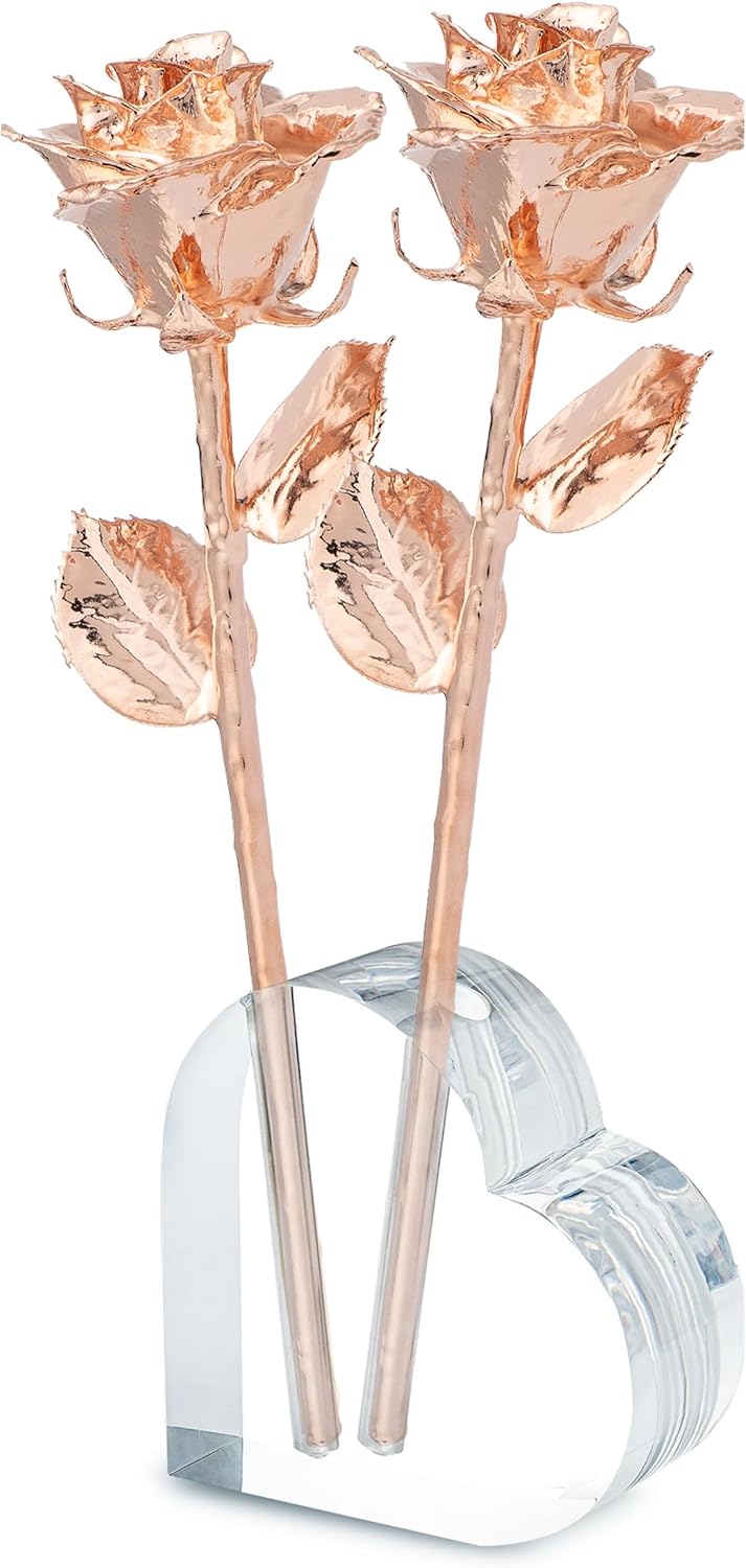 Forever Rose Two Real Roses Dipped in Rose Gold, Handcrafted Preserved Rose in Acrylic Heart Vase and Luxury Gold Gift Box, Romantic Gift for Her, Elegant Keepsake for Anniversary, Birthday