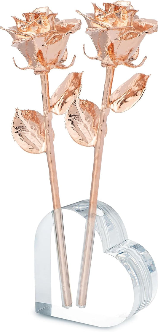 Forever Rose Two Real Roses Dipped in Rose Gold, Handcrafted Preserved Rose in Acrylic Heart Vase and Luxury Gold Gift Box, Romantic Gift for Her, Elegant Keepsake for Anniversary, Birthday