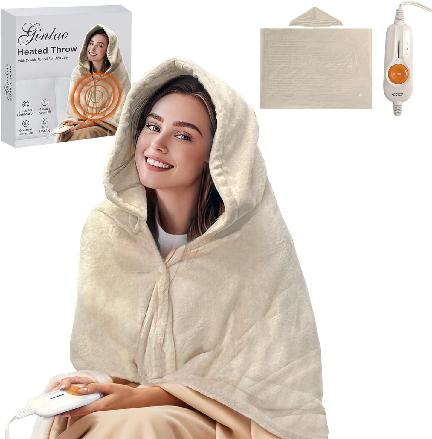 Gintao Heated Blanket Electric Throw with Detachable Hat&Snap Buttons,3 Heat Settings,4H Auto-Off, Perfect Electric Blanket Throw for Home Office,Gifts,Double-Layer Flannel, 50"x60", Beige