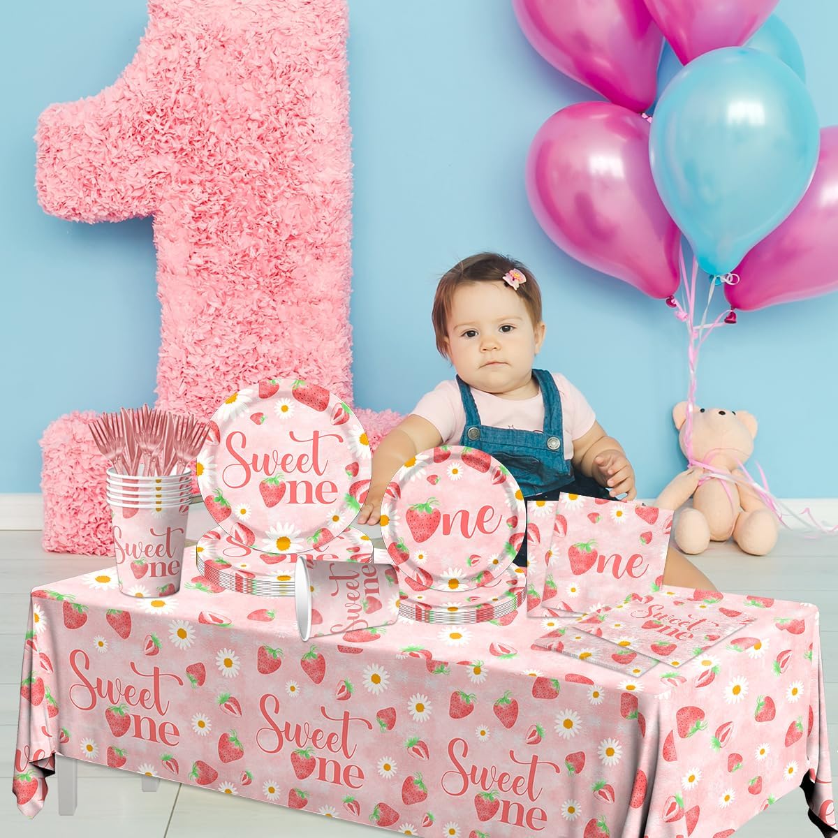 Strawberry 1st Birthday Party Decorations for Girls - Sweet One 1st Birthday Tableware Including Plates,Napkins,Tablecloths Summer Fruit Table Decorations for Berry First Party Supplies