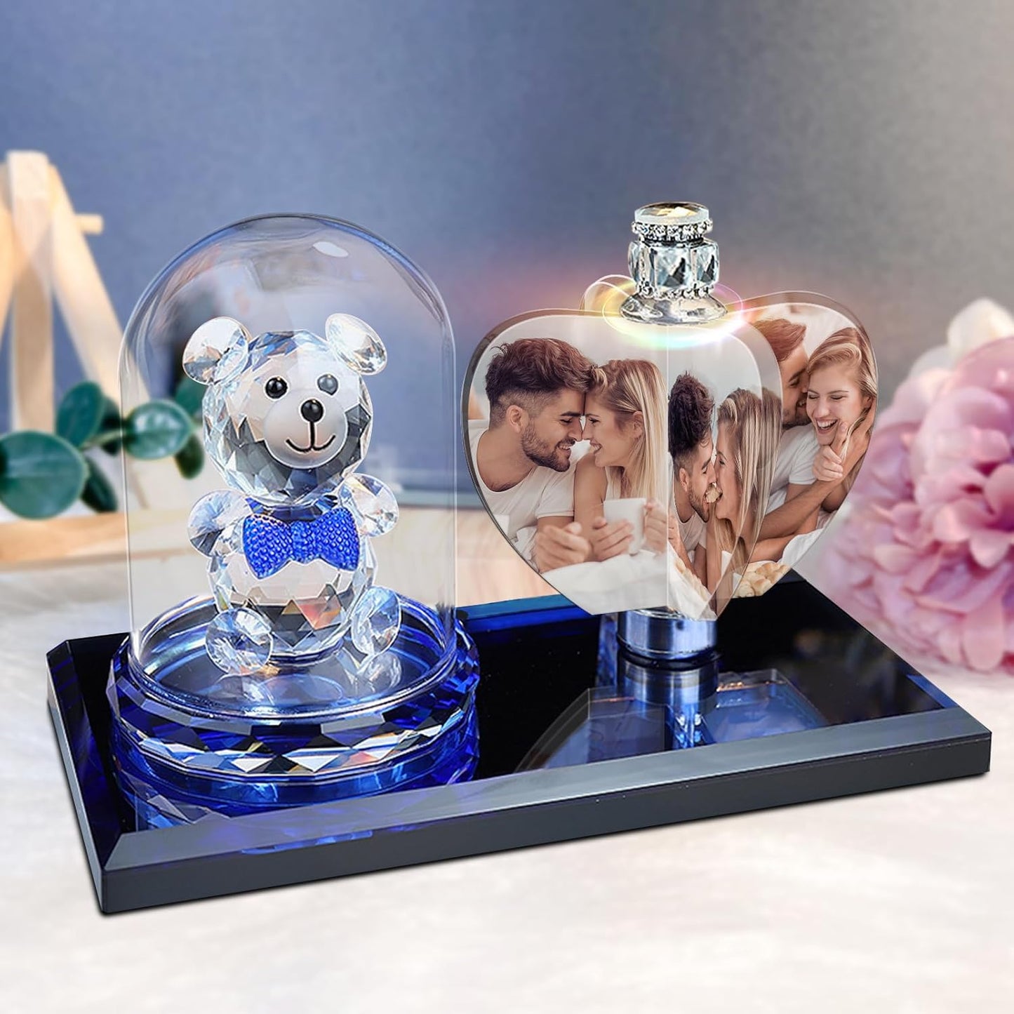 Personalized 3D Crystal Photo, Heart-Shaped Crystal Photo Frame, Custom Night Light Best Gift for Couple Love Women Men Wedding Christmas Crystal Bear