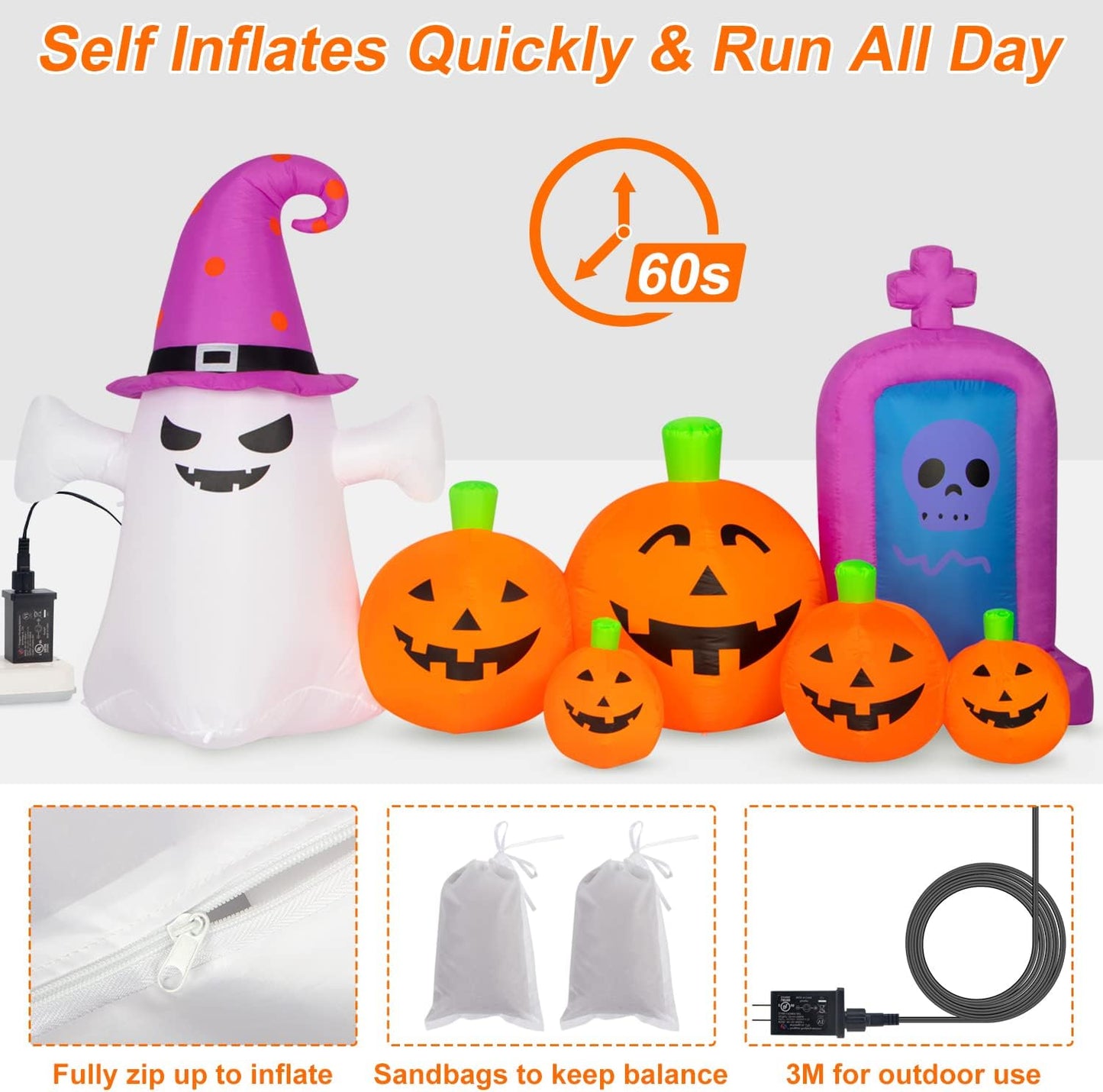 Halloween Decorations Outdoors 8FT Long Inflatable Pumpkin with Ghost and Skull Tombstone Scary Blow Up Halloween Pumpkin Decoration Built-in LEDs for Party Garden Lawn Decor