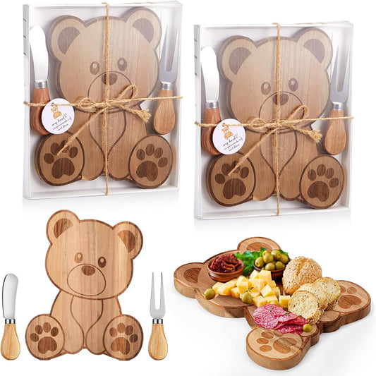 2 Set Baby Shower Prizes Bear Shaped Cheese Board with Cheese Knives and Forks Baby Shower Party Favors Gift Box for Wedding Bridal Birthday Gender Reveal Favor (Acacia Color)