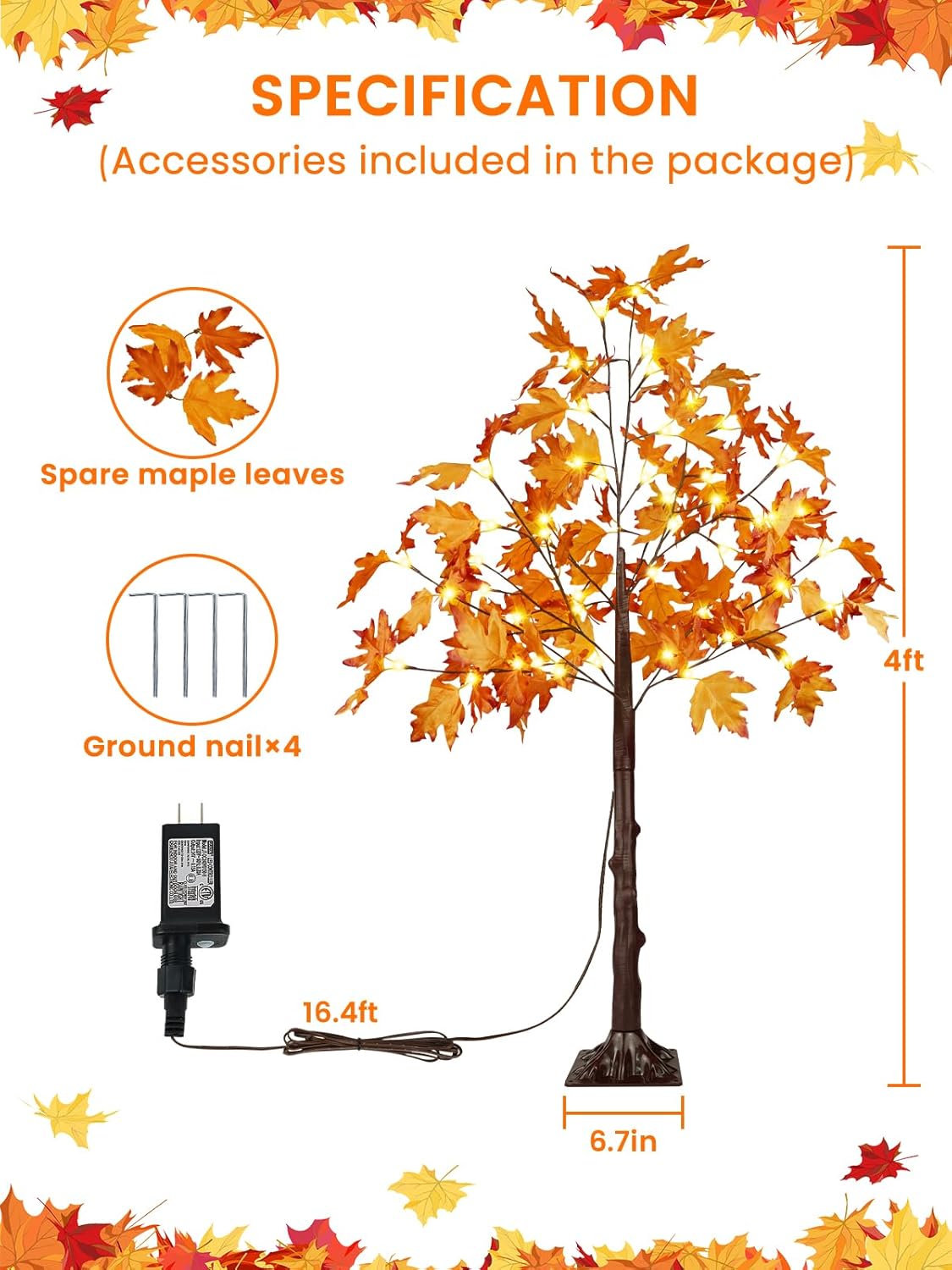 2Pack 4FT 100LED Artificial Lighted Maple Tree, Fall Decor for Home, Maple Tree with Timer Function Prelit Fall Decorations Warm White Light for Indoor Outdoor Autumn Harvest Halloween Thanksgiving