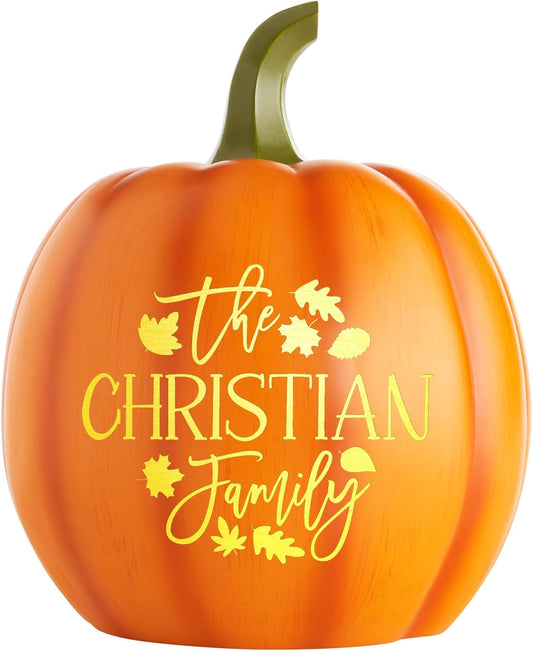 Let's Make Memories Personalized Light Up Pumpkin - Jack-o-Lantern Halloween Décor - Your Family Name on a Custom Pumpkin - Fall Decor - Light Up Indoors/Outdoors - Leaves Pattern - Orange L