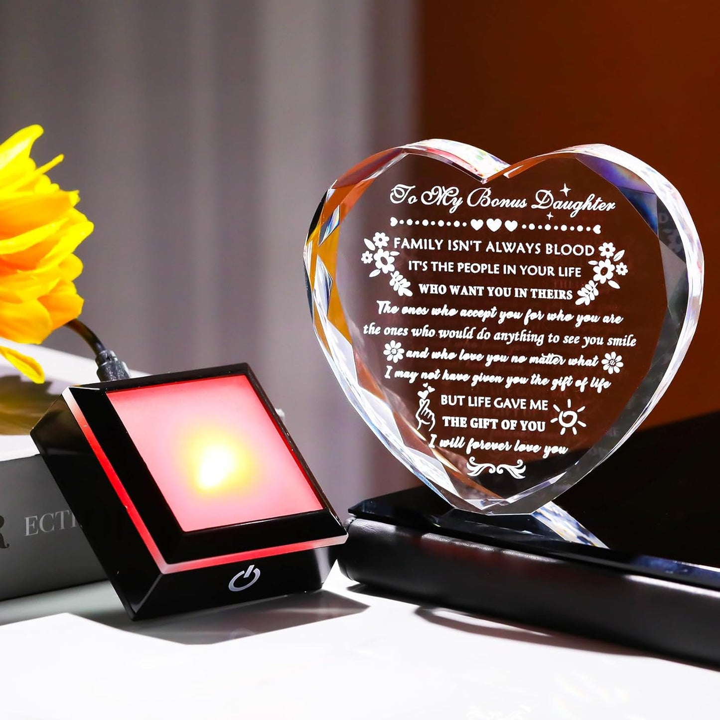 YWHL Bonus Daughter Gifts from Mom Dad Birthday Gifts for Bonus Daughter with Colorful Base Heart Shaped Crystal Keepsake To My Bonus Daughter Stepdaughter Gifts on Christmas Graduation Valentine's