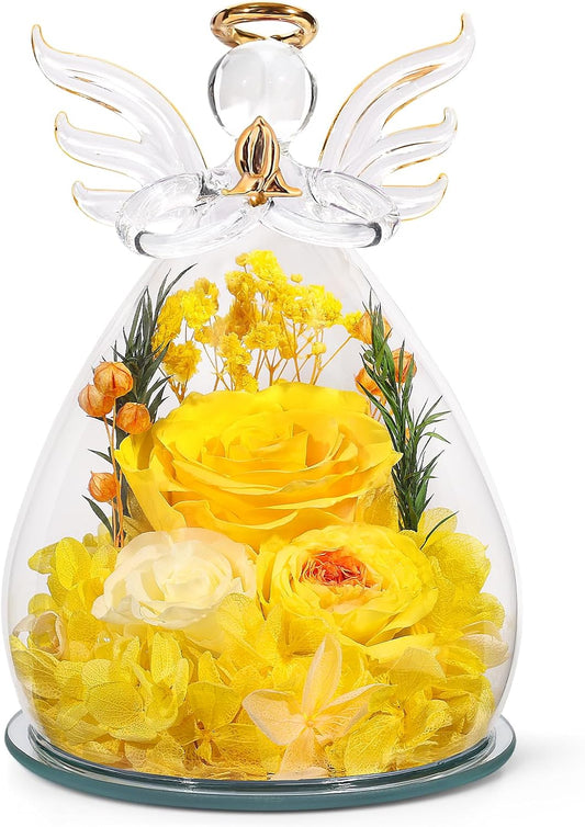 Gifts for Women Preserved Rose Forever Flower in Glass Angel Figurines Fresh Flowers for Delivery Prime Mothers Day Birthday Gifts for Mom Real Yellow Roses for Grandma Sister Wife Her from Daughter
