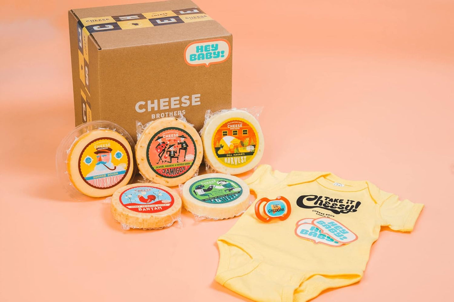 Cheese Bros. Welcome New Baby Gift Box | Fresh from Wisconsin | Includes Italian Fratello, Honey Sriracha Gouda, Smoked Gouda, Smoked 3 Amigos Spicy Gouda and Dill Havarti | Great Food Gifting Idea!