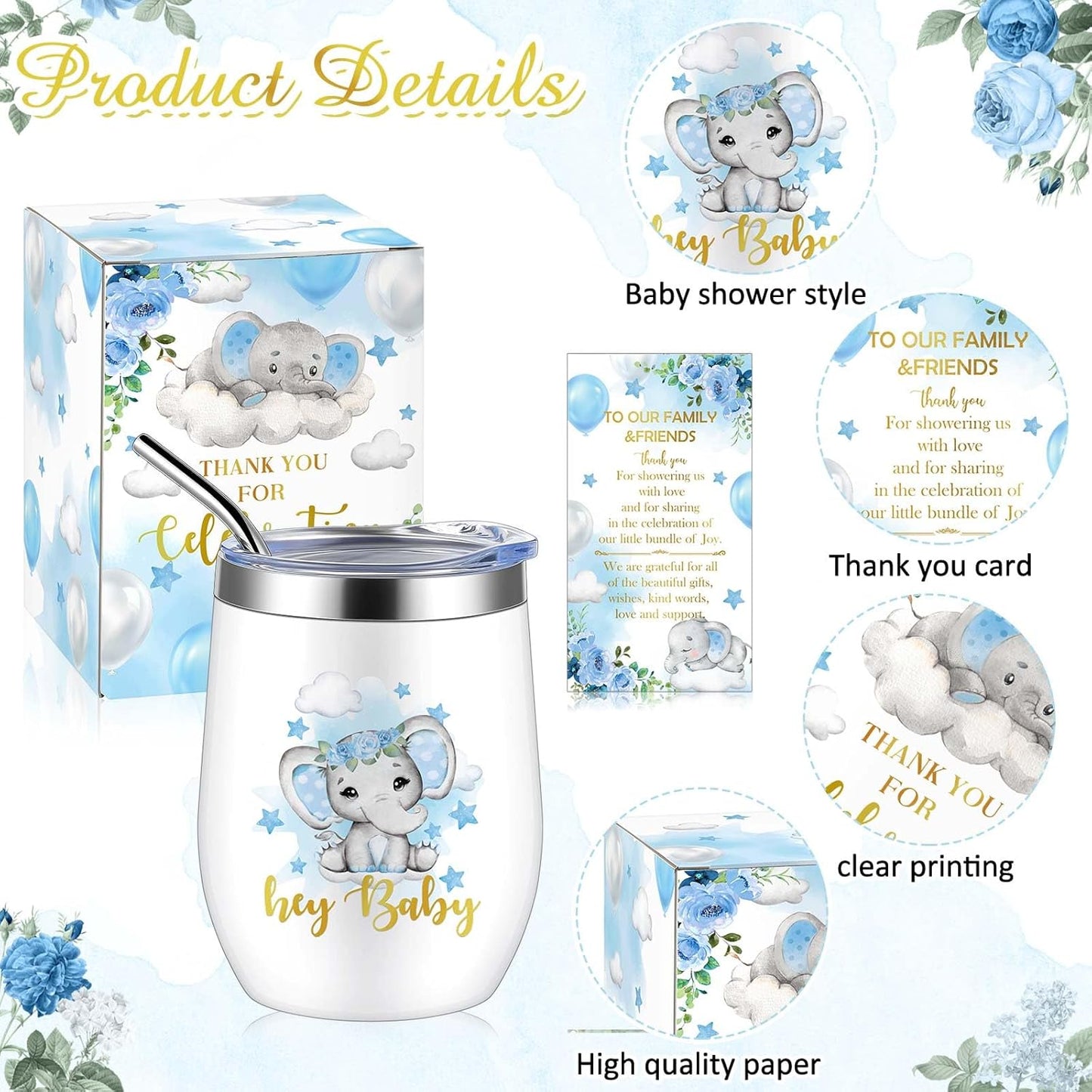 Hoolerry 6 Set Baby Shower Game Prizes for Guests Winners 12 oz Insulated Stainless Steel Tumbler Cup with Lids, Straws, Cleaning Brush, Cards & Boxes Return Gifts(Blue,Elephant)