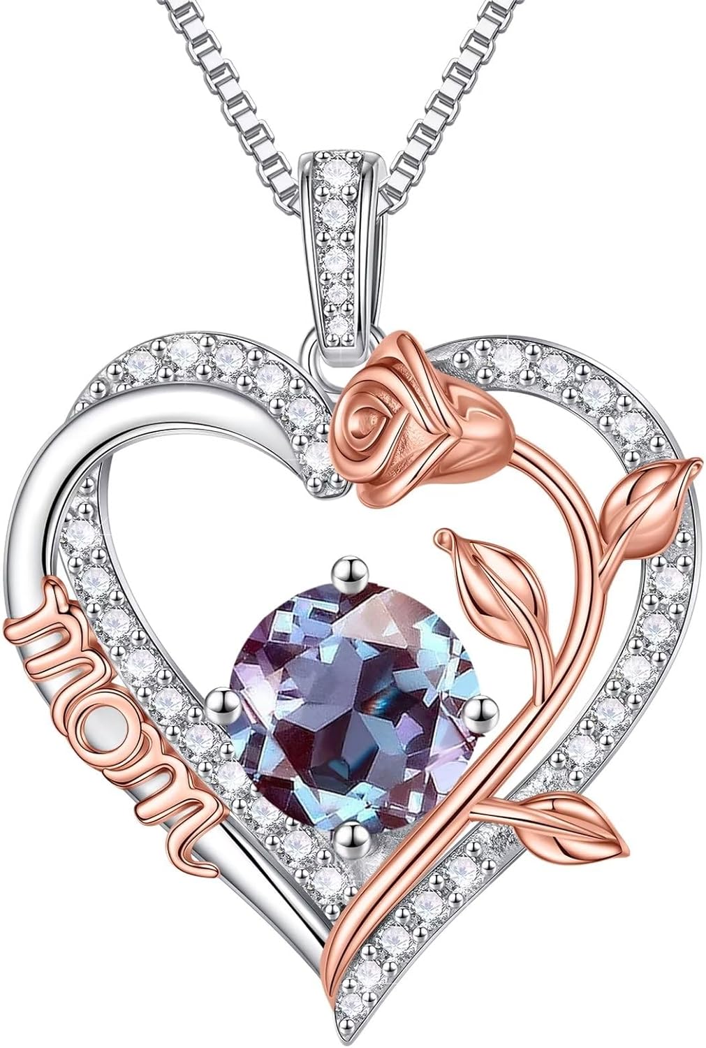 Iefil Gifts for Mom - 925 Sterling Silver Rose Round Birthstone Necklace Christmas Birthday Gifts Jewelry for Her Heart Pendant Necklace for Women Bonus Mom Mother in Law