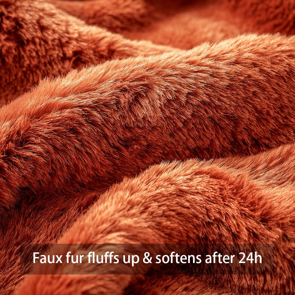4TH Emotion Fall Pumpkins Decorative Pillow Covers 16x16 Set of 2, Dark Rust Red Soft Plush Faux Fur Wool Farmhouse Throw Cushion Cases for Autumn Thanksgiving Holiday Home Decorations