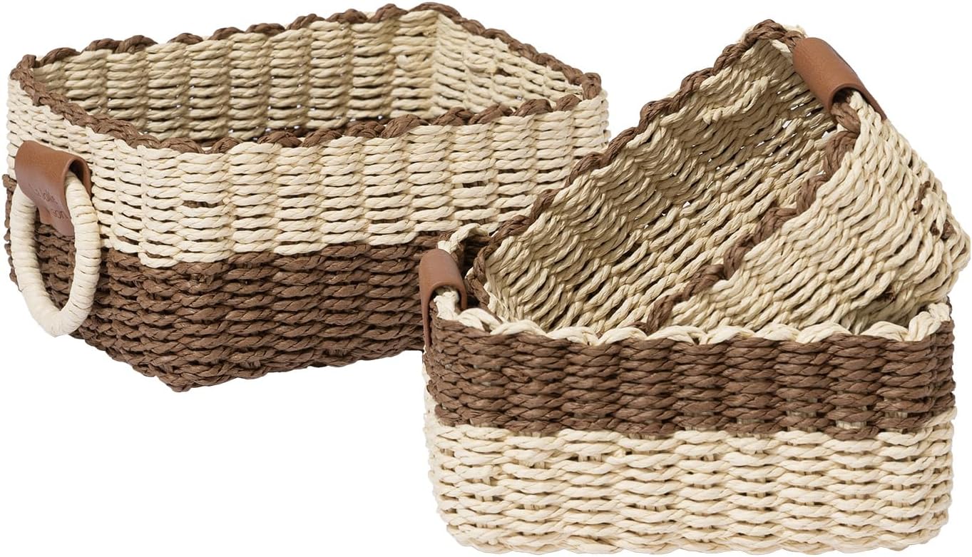 La Jolie Maison Small Beige and Chestnut Wicker Baskets Set of 3, Paper Rope Storage Baskets with Handle, Small Woven Baskets for Organizing, Decorative Cute Baskets for Gifts