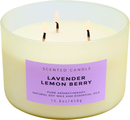 Lavender Lemon Berry Scented Candle | Large Aromatherapy Stress Relief 3 Wick Candles | Highly Scented Soy Candle for Home 15.8 oz | Soothing & Long Lasting Calming Lavender Candles for Women & Men