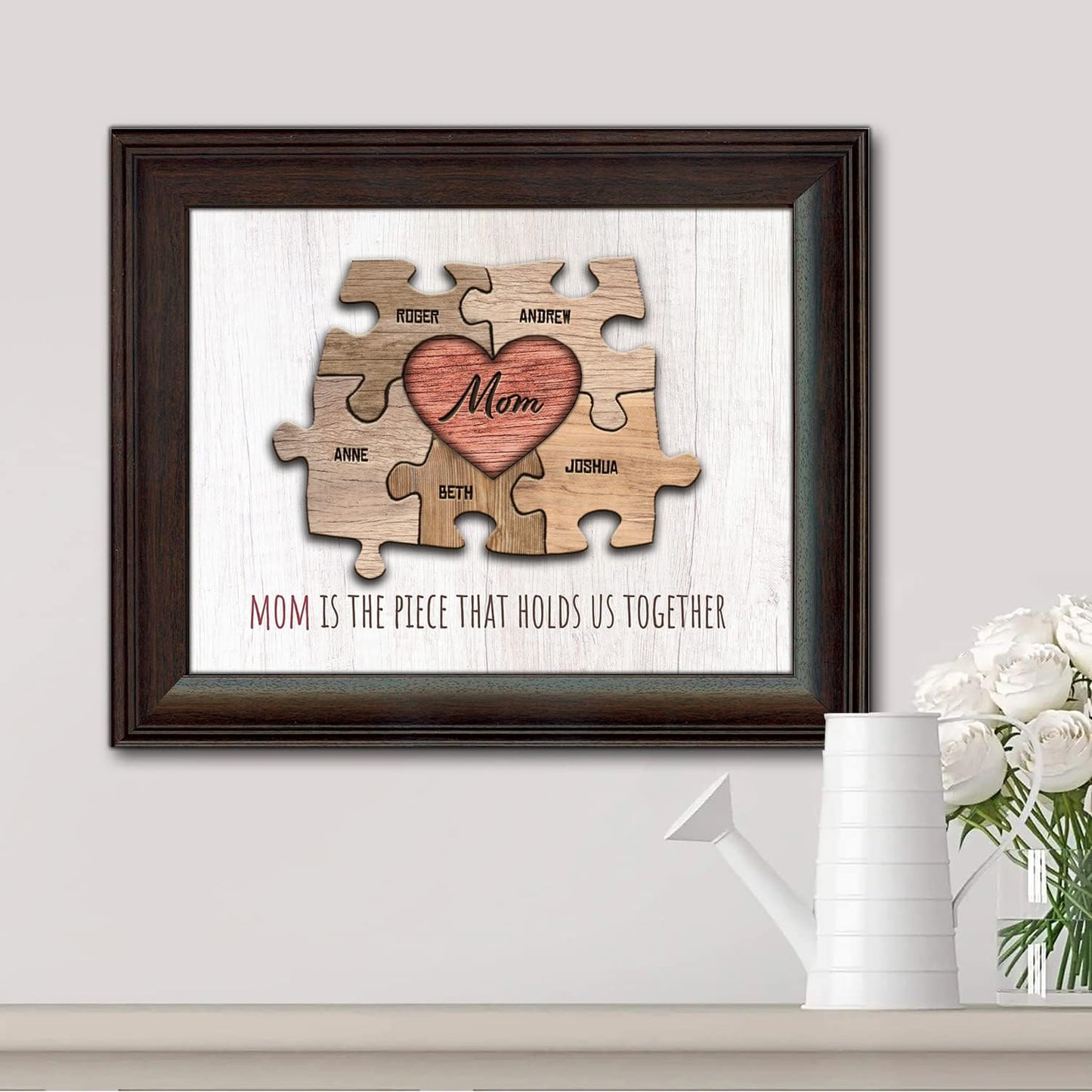 Personal-Prints MOM & Children Personalized HEART Puzzle Wall Art | Unique Customized with up to 8 Names | Mother’s Day, Birthday or Christmas Gift (13"x16" Framed Paper Print, 5 Children)
