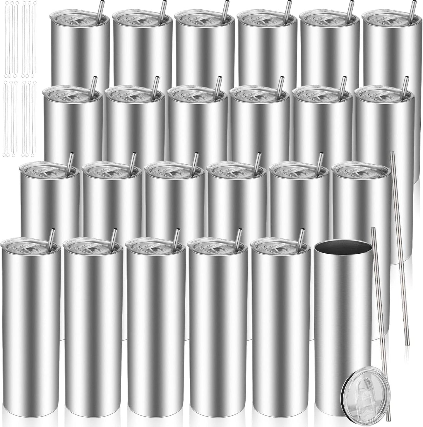 Skinny Tumblers Bulk 20 oz Stainless Steel with Lids and Straws Blank Slim Insulated Cup Double Layer Water Cups for Travel, DIY(Silver,24 Pcs)
