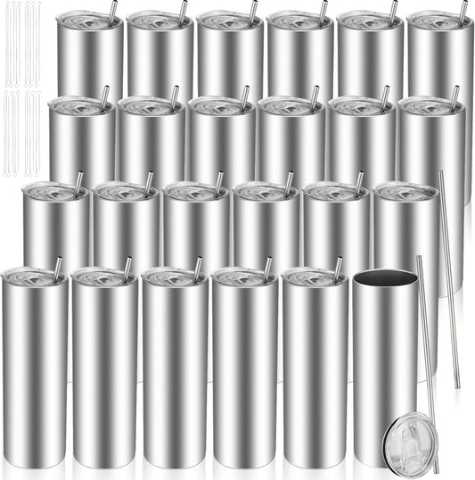 Skinny Tumblers Bulk 20 oz Stainless Steel with Lids and Straws Blank Slim Insulated Cup Double Layer Water Cups for Travel, DIY(Silver,24 Pcs)